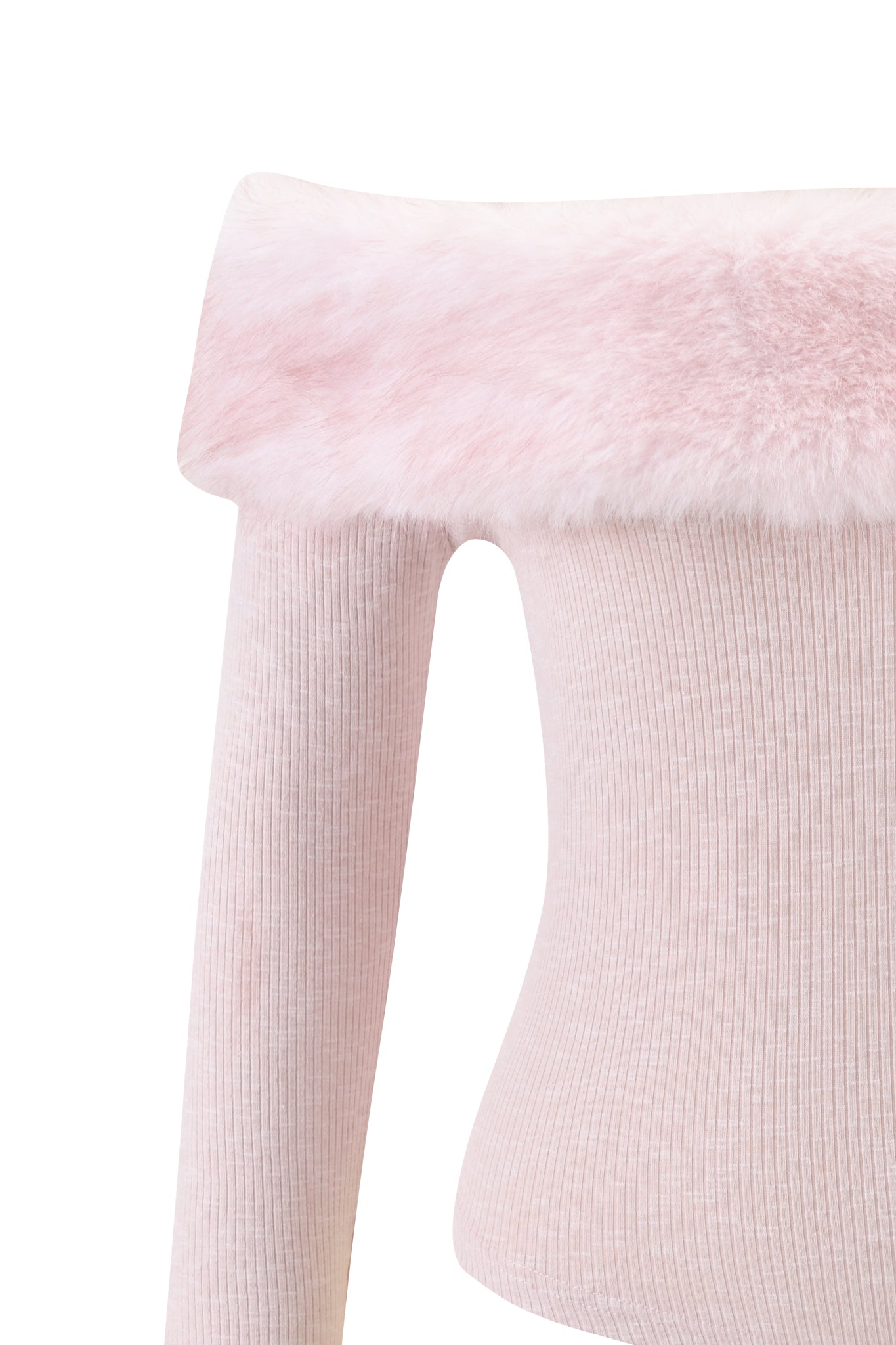 The CECILY TOP - PINK by I.AM.GIA is a light pink ribbed off-shoulder top with a soft, fluffy removable faux fur collar along the neckline for an elegant touch.