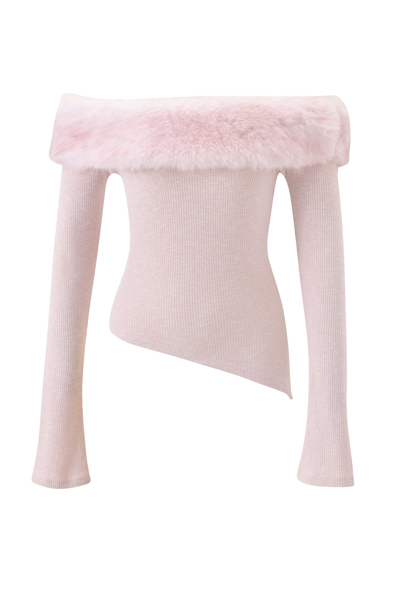 The CECILY TOP - PINK by I.AM.GIA is a light pink, off-shoulder top with ribbed, fitted fabric, a removable faux fur collar at the neckline, and an asymmetrical hem for added style.
