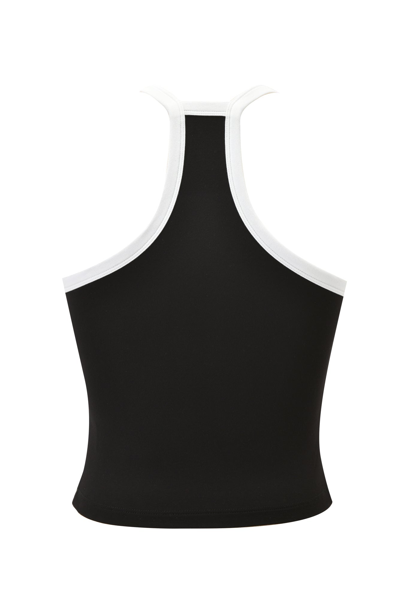 The I.AM.GIA BLARE V-NECK TANK in black and white features a sleeveless, body-hugging fit, buttery-soft viscose fabric, high racerback, and white edge trim—shown on a white background.