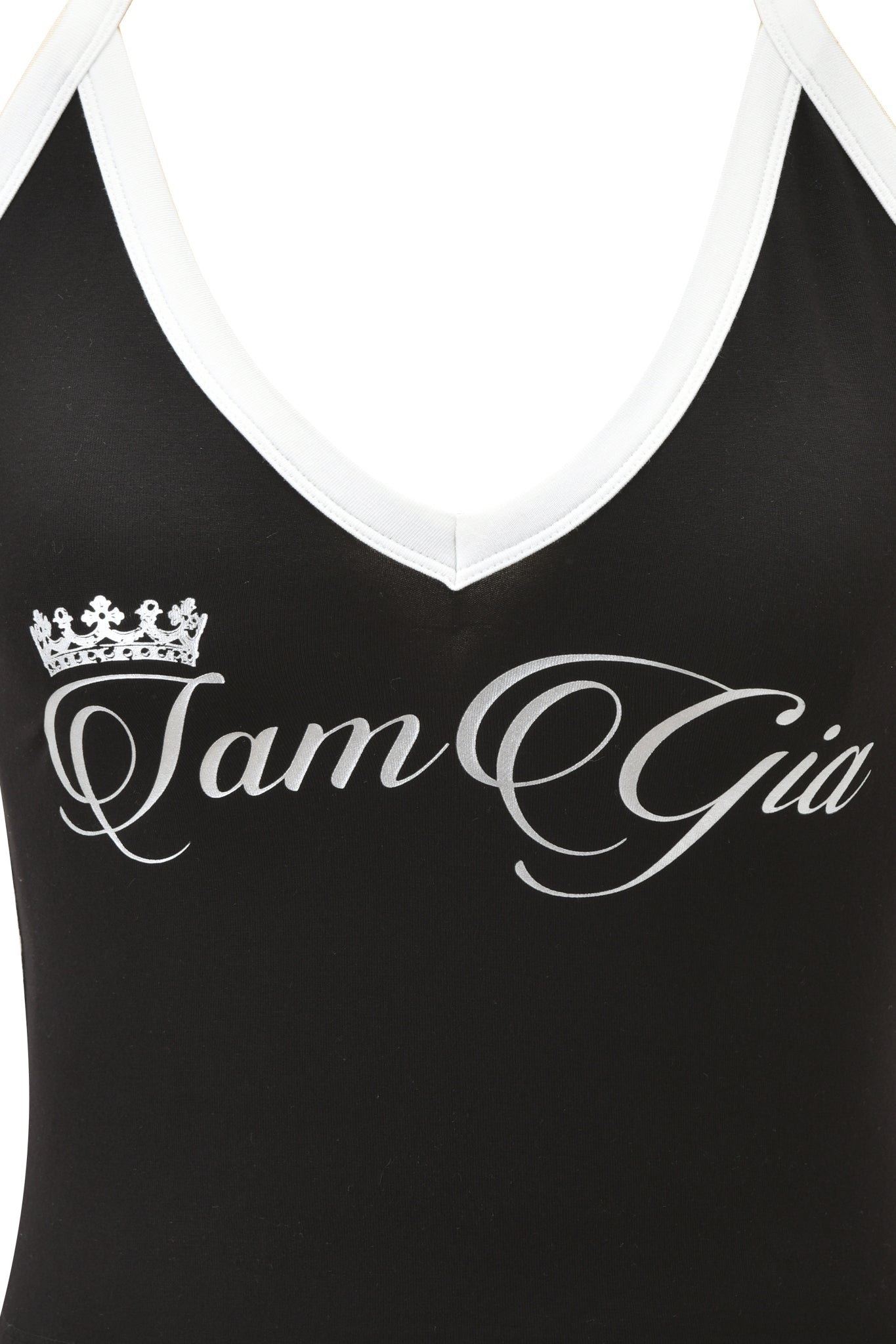 Close-up of the BLARE V-NECK TANK by I.AM.GIA—a body-hugging, buttery-soft black and white viscose tank featuring an elegant "I am Gia" script and a white crown graphic above the "I" on the front.