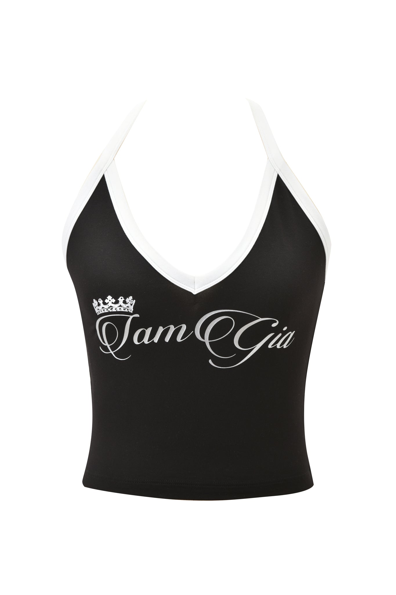 The I.AM.GIA BLARE V-NECK TANK in black and white is a butter-soft viscose, body-hugging, halter crop top with a deep V-neck, white trim, a crown graphic, and “I am Gia” script on the front.