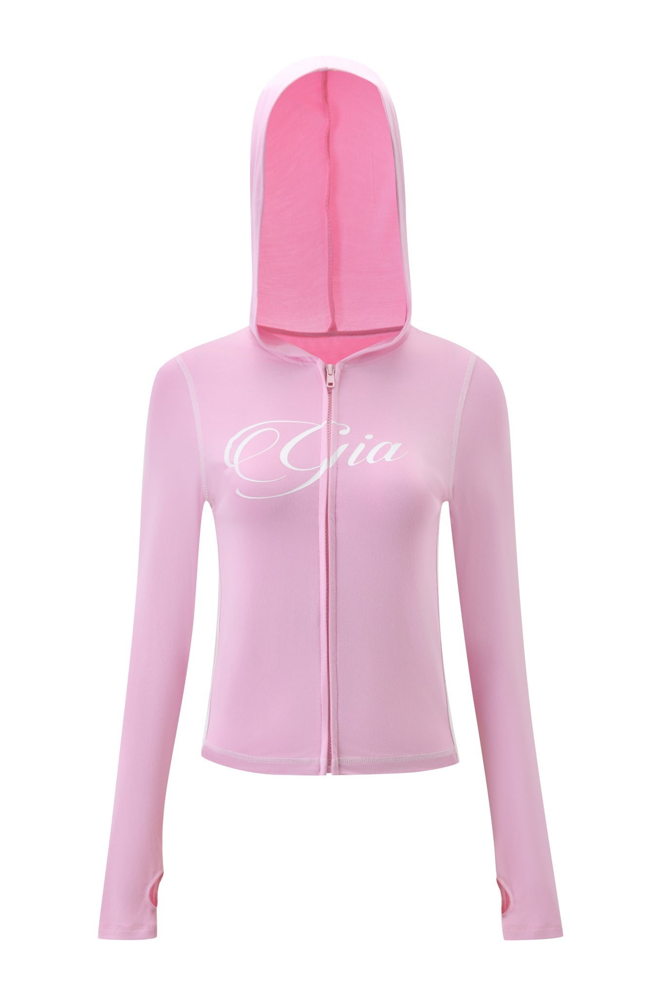 The I.AM.GIA BLARE PIPING HOODIE in baby pink and white features long sleeves, a zip-up front, “Gia” in white script on the chest, and a hood lined in deeper pink for a cozy, sporty look.