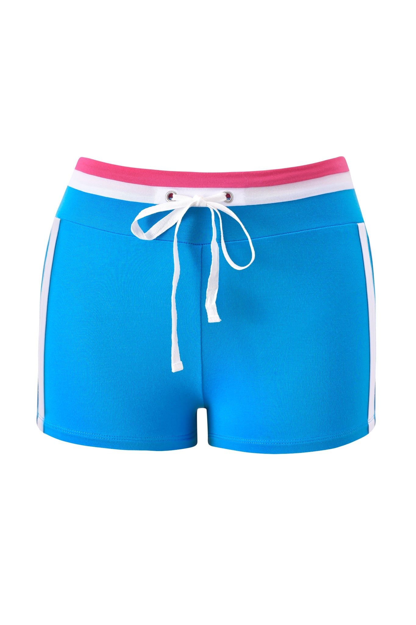 The BLARE STRIPED SHORT - SKY BLUE by I.AM.GIA features a buttery-soft viscose fabric, white drawstring, white side stripes, and a pink-and-white waistband, shown against a plain white background.