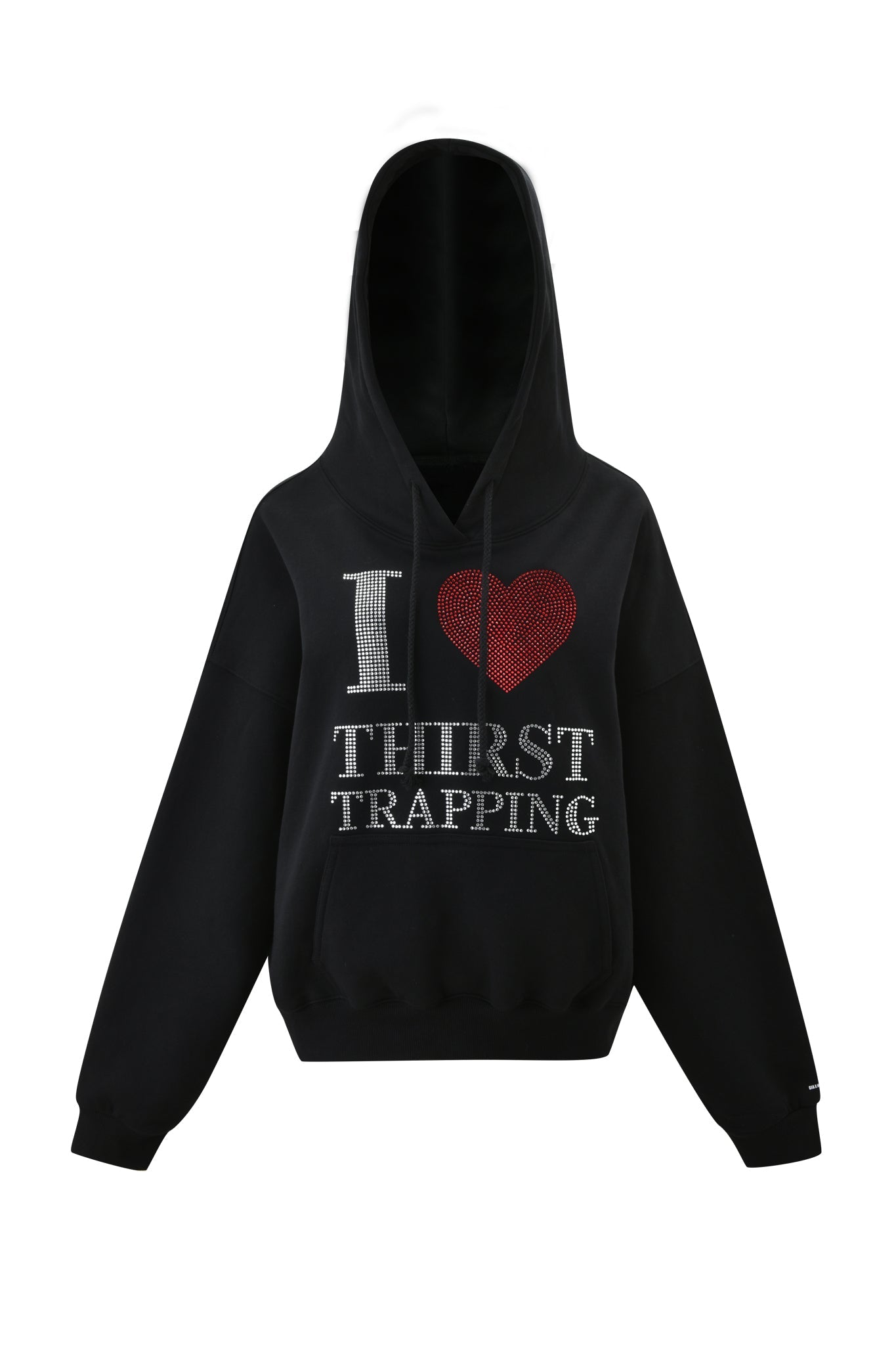 The I.AM.GIA POLINA HOODIE - THIRST TRAPPER is a black hoodie with "I ♥ THIRST TRAPPING" on the front in rhinestone-style red and white letters, making it a bold fashion statement.