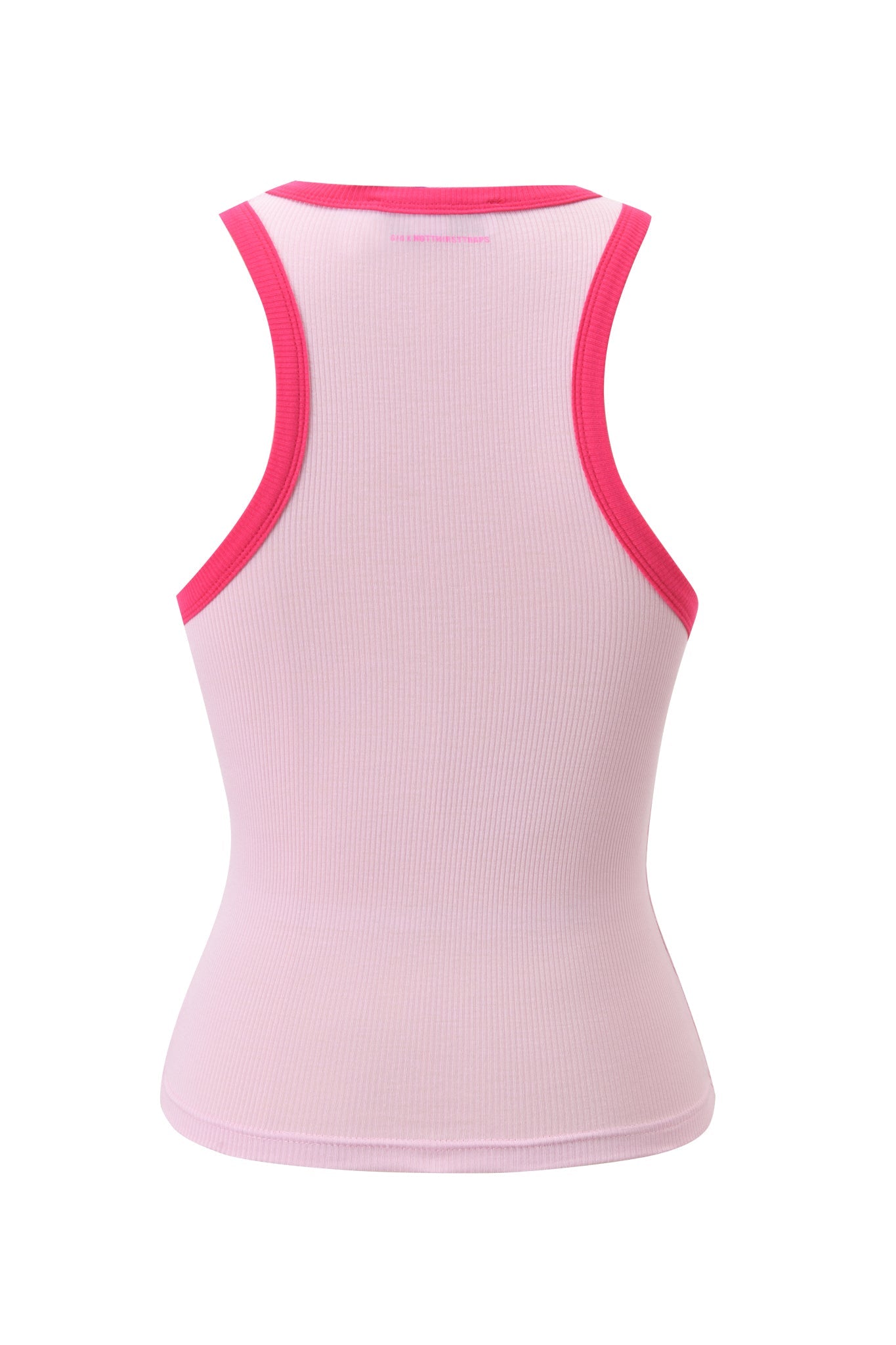The POLINA TANK - IMY by I.AM.GIA is a sleeveless, form-fitting light pink racerback tank with bright pink trim at the neckline and armholes, shown from the back—a signature rib knit style.