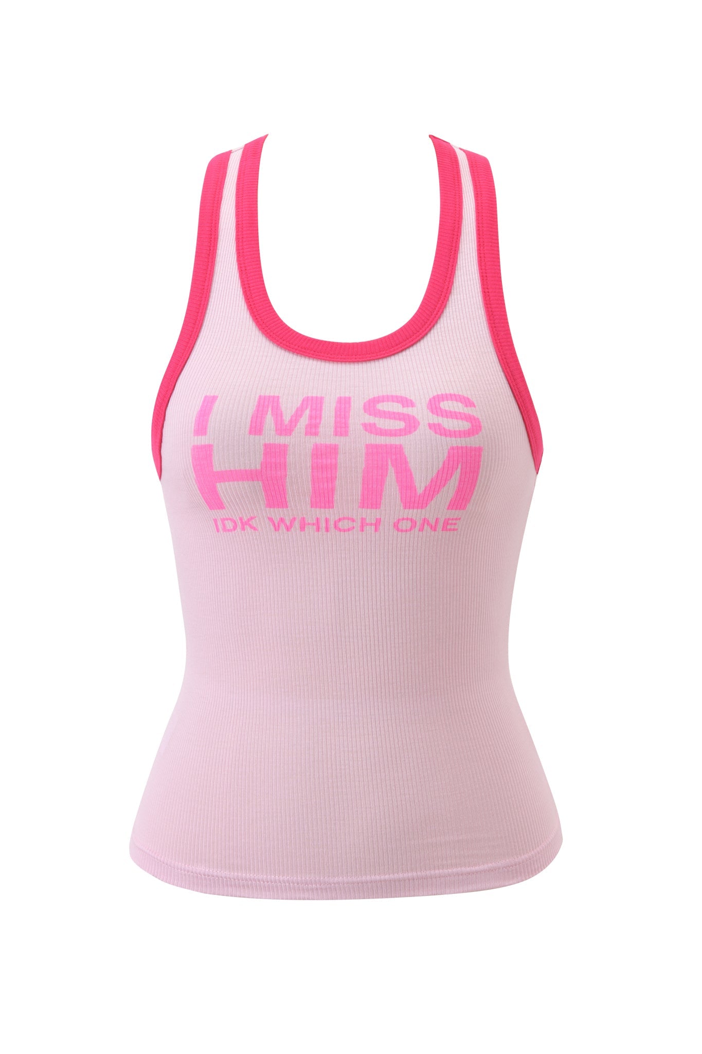 The POLINA TANK - IMY by I.AM.GIA is a light pink rib knit racer tank featuring darker pink trim, bold "I MISS HIM" text, and "IDK WHICH ONE" underneath for a playful statement look.