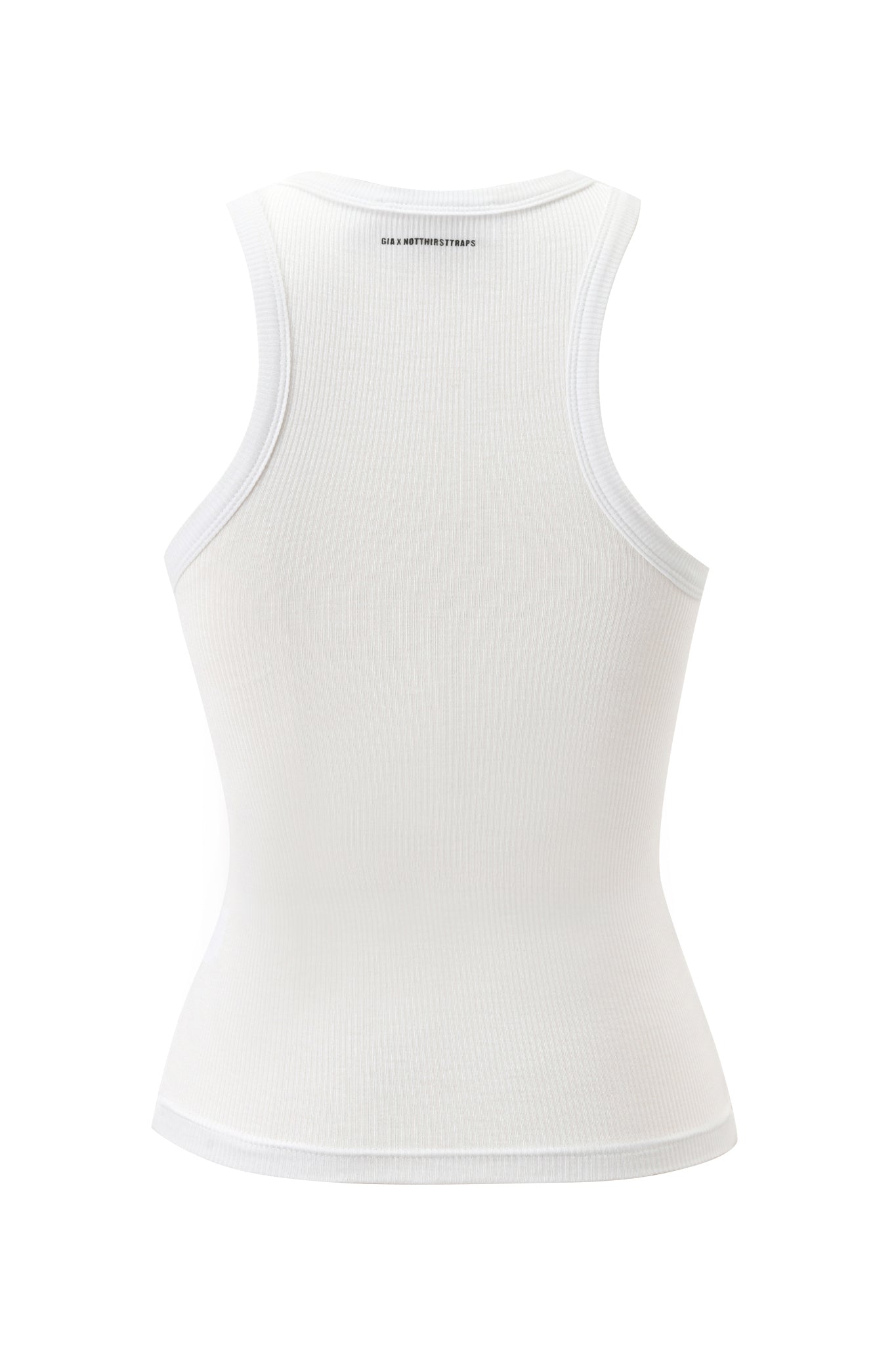 The I.AM.GIA POLINA TANK - MANIPULATOR is a sleeveless white rib knit tank top shown from the back, featuring a racerback design and a fitted silhouette.