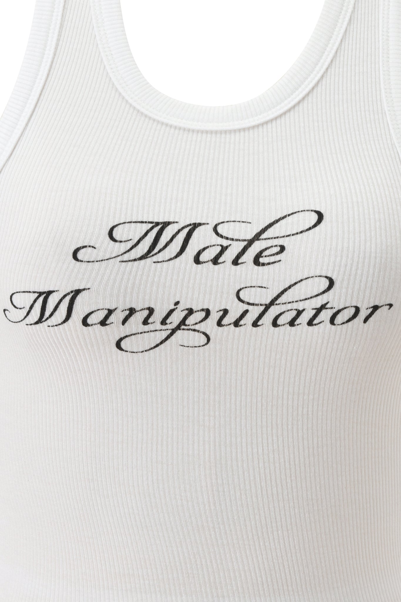 A close-up of the I.AM.GIA POLINA TANK - MANIPULATOR, a white ribbed knit top featuring "Male Manipulator" in black cursive on the chest.
