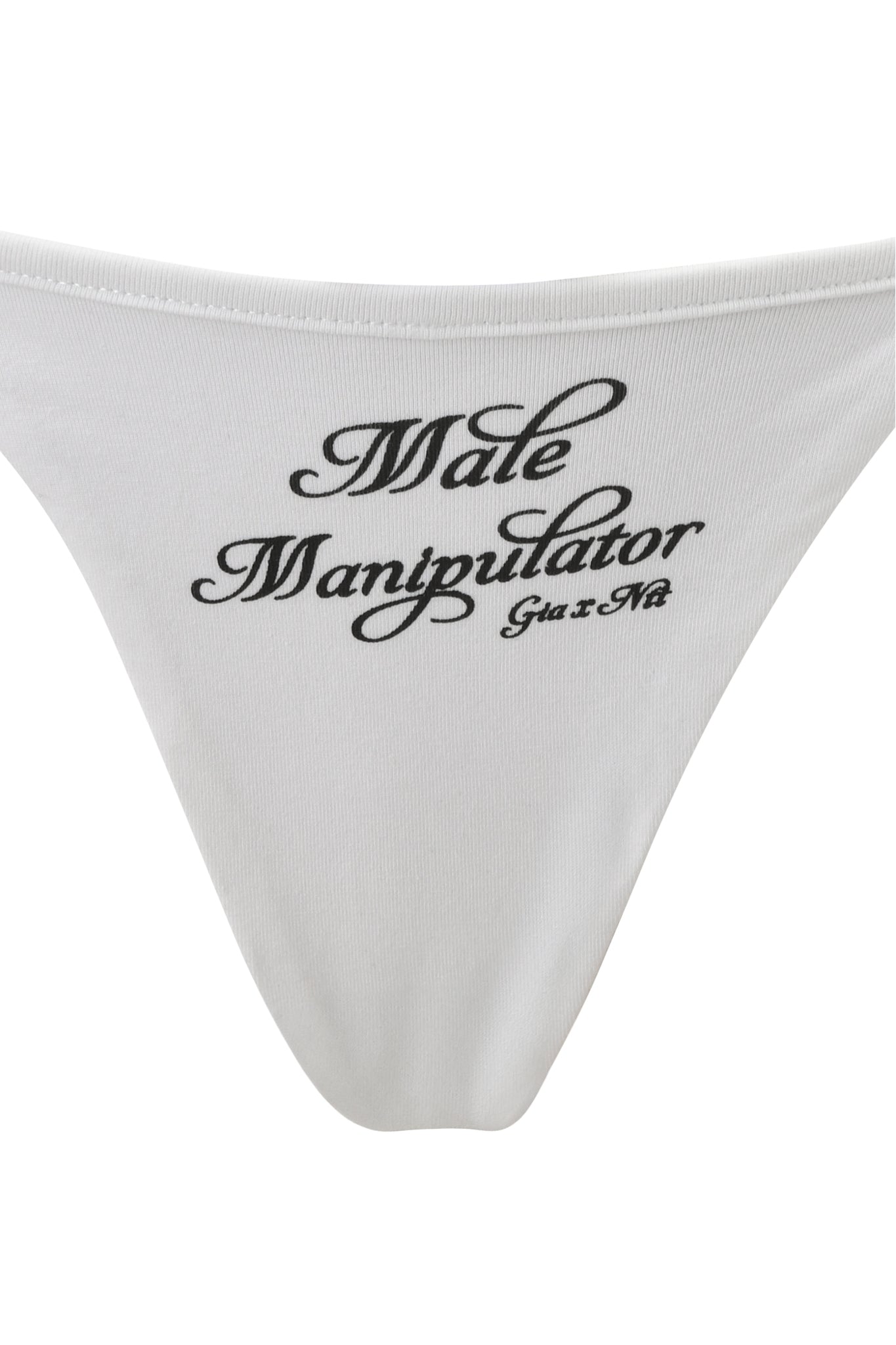 The POLINA G-STRING - MANIPULATOR by I.AM.GIA features "Male Manipulator" in black cursive on the front and boasts a low-rise fit for a modern, stylish look.