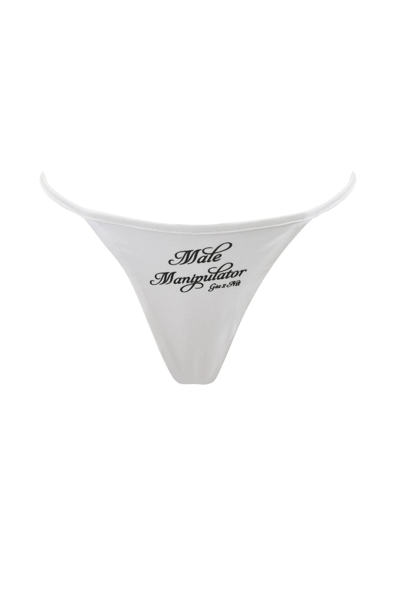 The POLINA G-STRING - MANIPULATOR by I.AM.GIA is a white micro thong with a low-rise fit, featuring "Male Manipulator" in black script on the front.