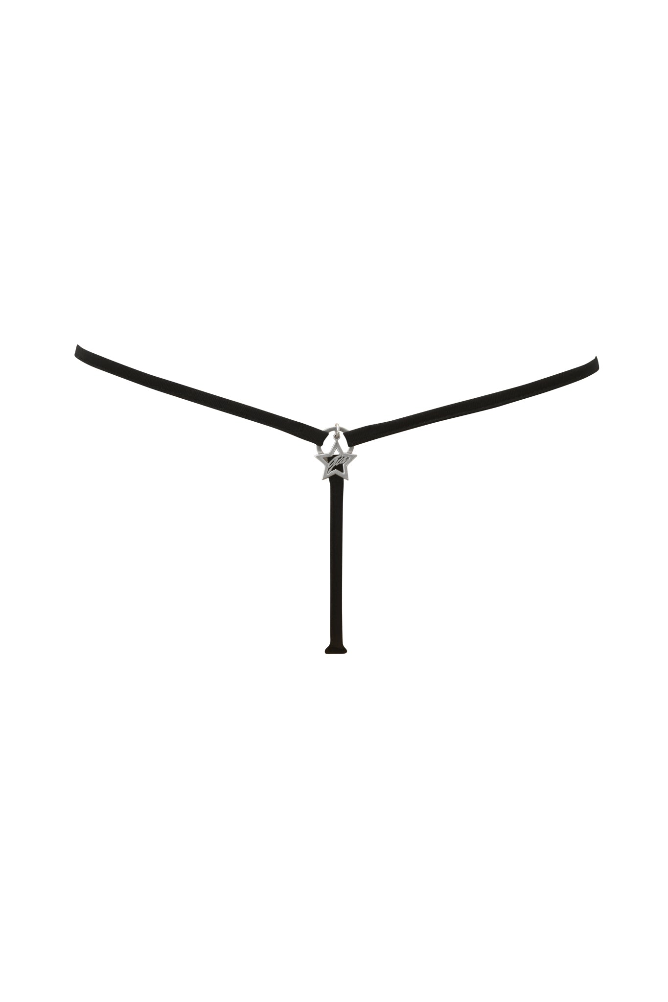 The I.AM.GIA POLINA G-STRING - SCARING MEN is a minimalist black micro thong with thin straps and a metallic silver star accent at the front center, shown against a white background.