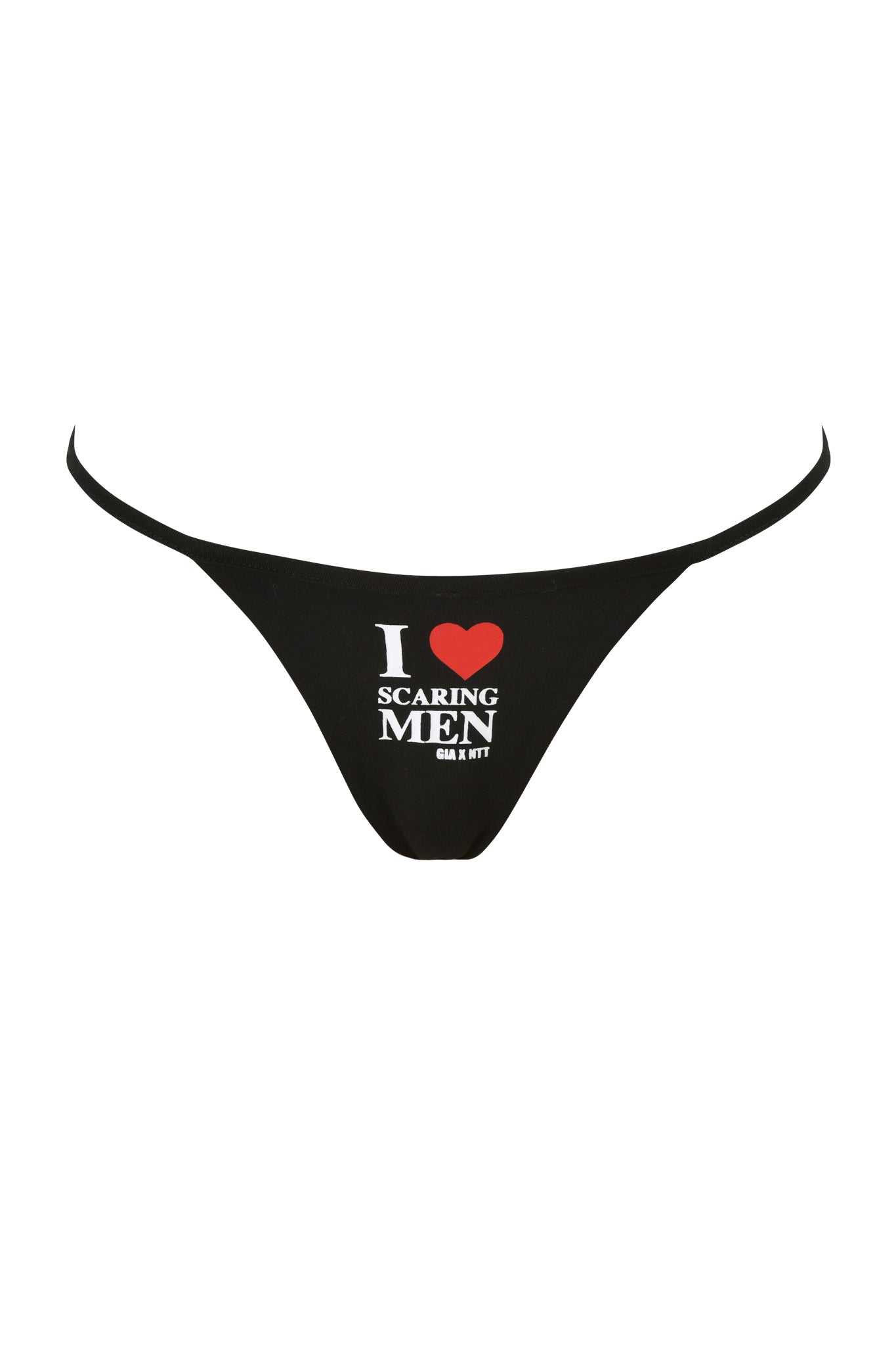 The POLINA G-STRING - SCARING MEN by I.AM.GIA is a black micro thong featuring "I ♥ Scaring Men" in bold white and red on the front.