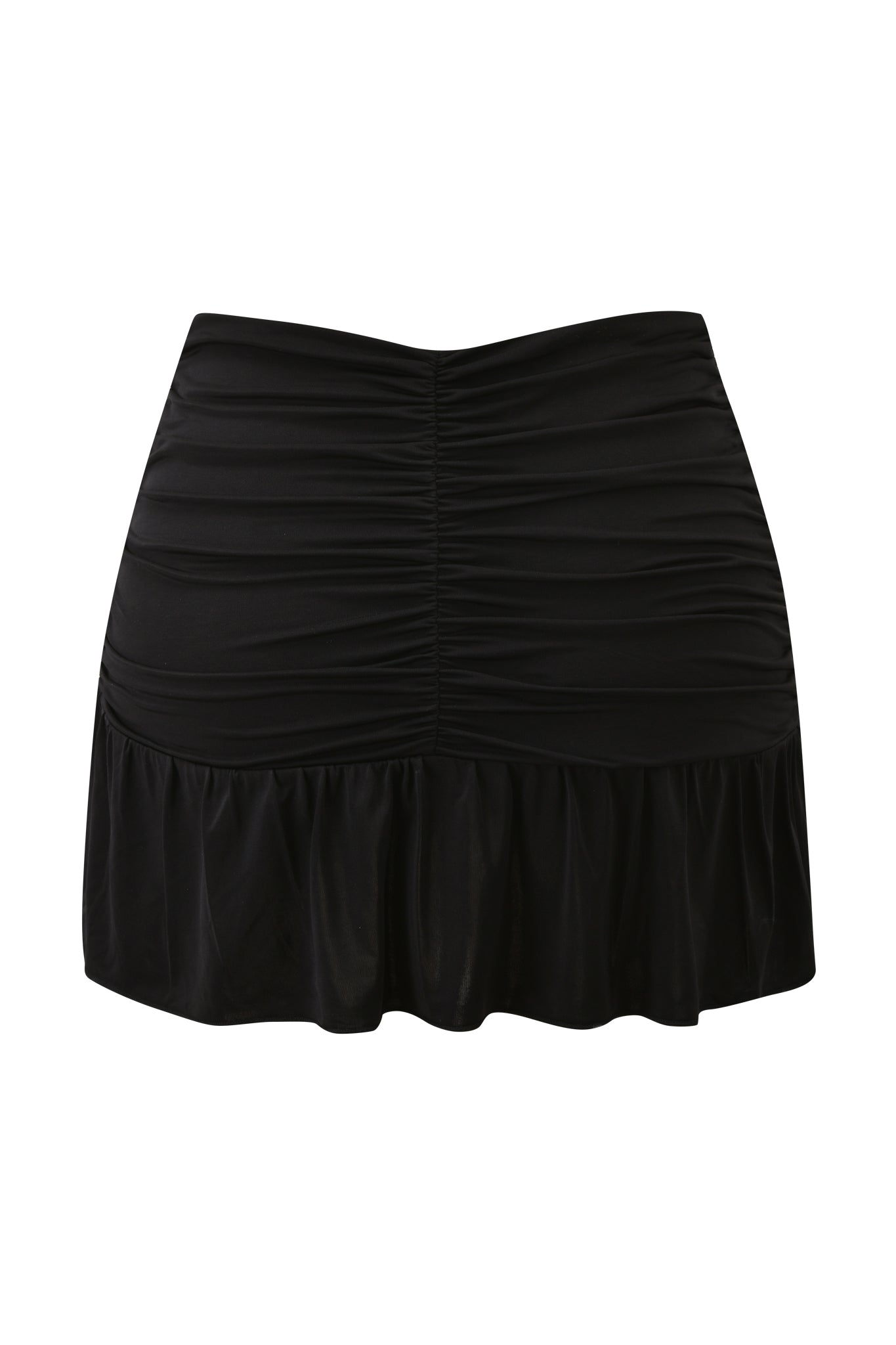 The ELYSIA MINI SKIRT by I.AM.GIA is a black, high-waisted mini skirt featuring front ruching and a ruffled hem, made from high-stretch slinky knit, shown here on a white background.