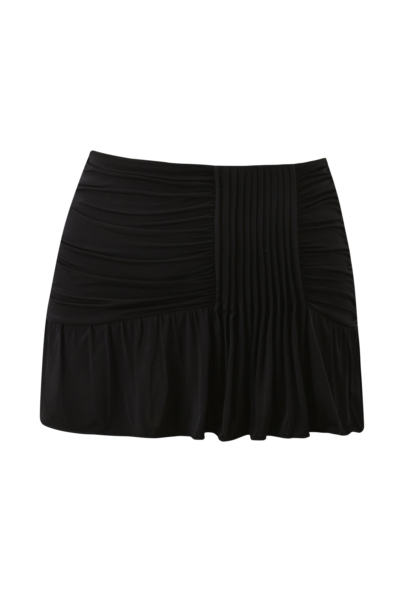 The ELYSIA MINI SKIRT - BLACK by I.AM.GIA features ruched sides, a center pleated panel, and is crafted from lightweight, stretchy fabric. Displayed against a white background.