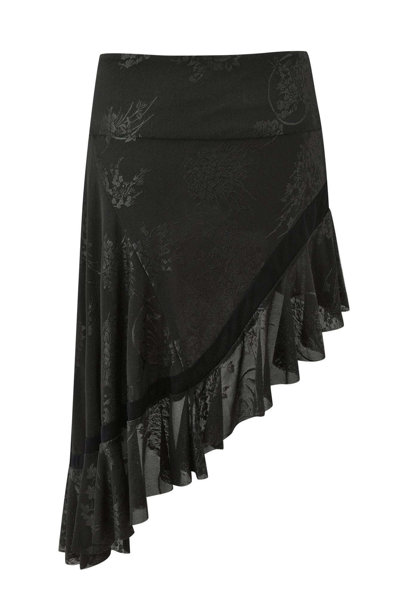 The ISOLAE Asymmetrical Mini Skirt by I.AM.GIA features black jacquard mesh with a subtle floral pattern, a ruffled hemline, diagonal cut, and fitted waistband.