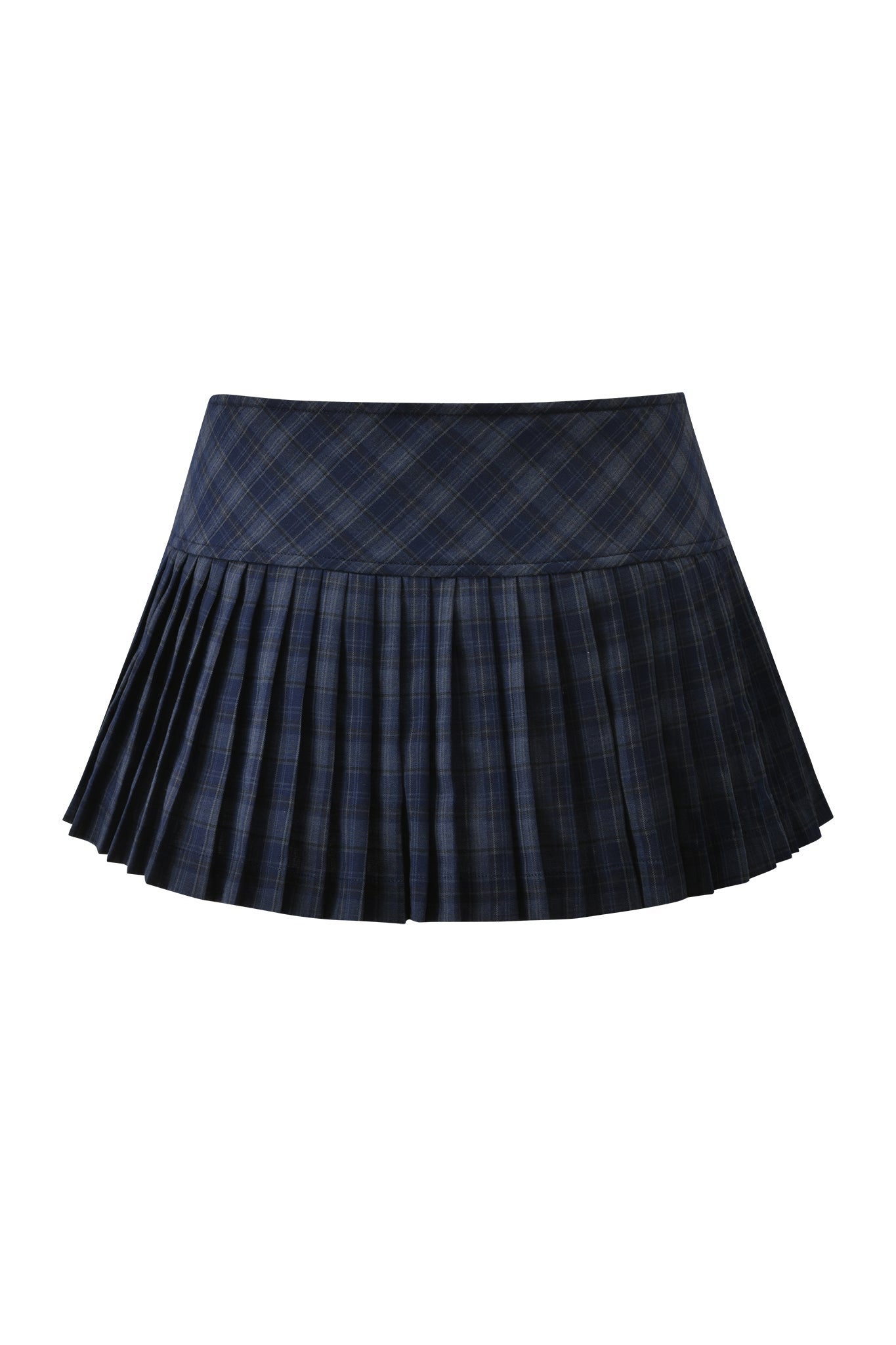 The I.AM.GIA ROUX MINI SKORT in blue plaid is a short, low-rise pleated skort with a subtle plaid pattern, shown against a white background.