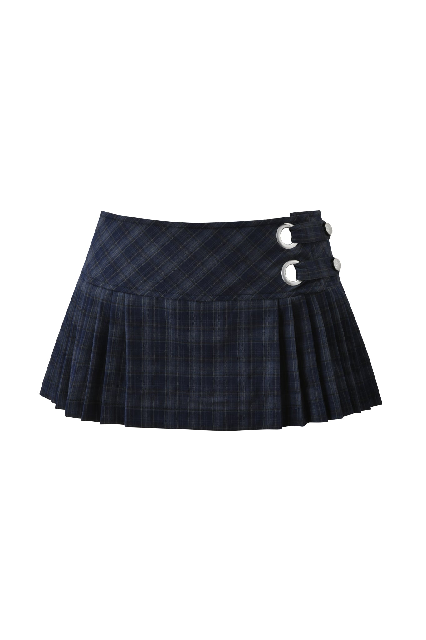 The I.AM.GIA ROUX MINI SKORT in blue plaid is a short, pleated micro mini skort featuring two silver buckle straps on the waistband, displayed on a white background.