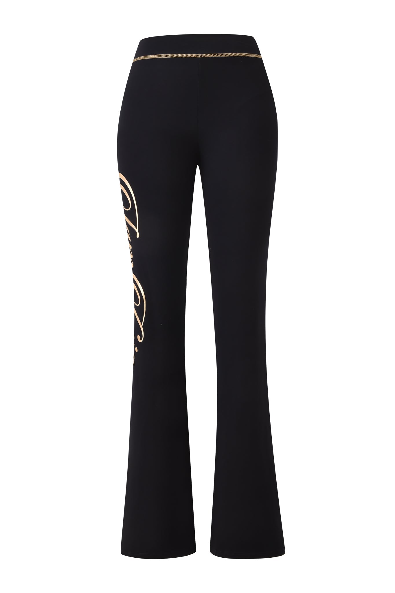 The BLARE FORM TRACKPANT by I.AM.GIA features sculpted black Form fabric, gold piping at the waistband, and a bold gold metallic cursive print along the left leg, shown against a white background.
