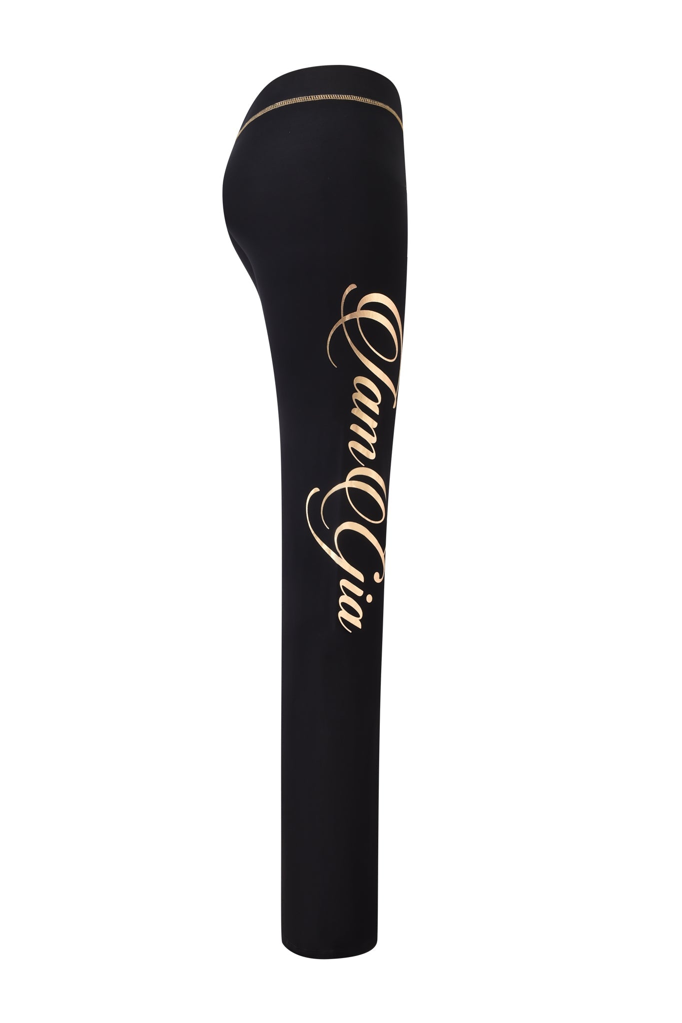 The BLARE FORM TRACKPANT by I.AM.GIA features sculpted Form fabric in black, with bold gold metallic "IamGia" lettering down the leg, shown from a side view.