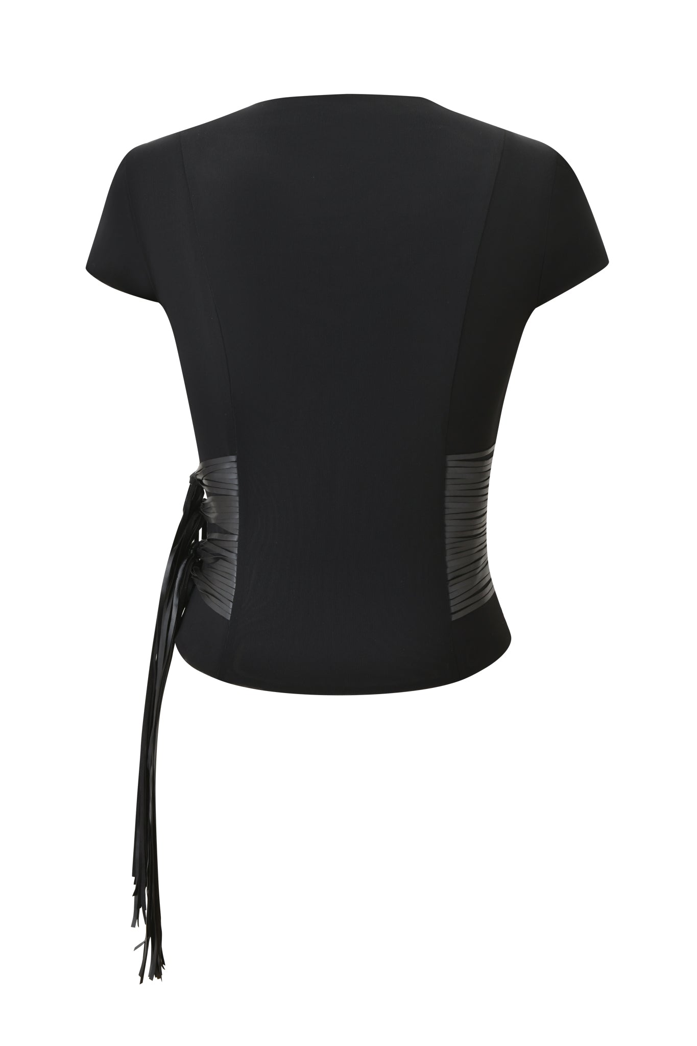 The I.AM.GIA ISELDA FRINGE TOP - BLACK features short sleeves, a round neckline, ruched black faux leather side panels, and long faux leather fringe on the left. Back view shown on a white background.
