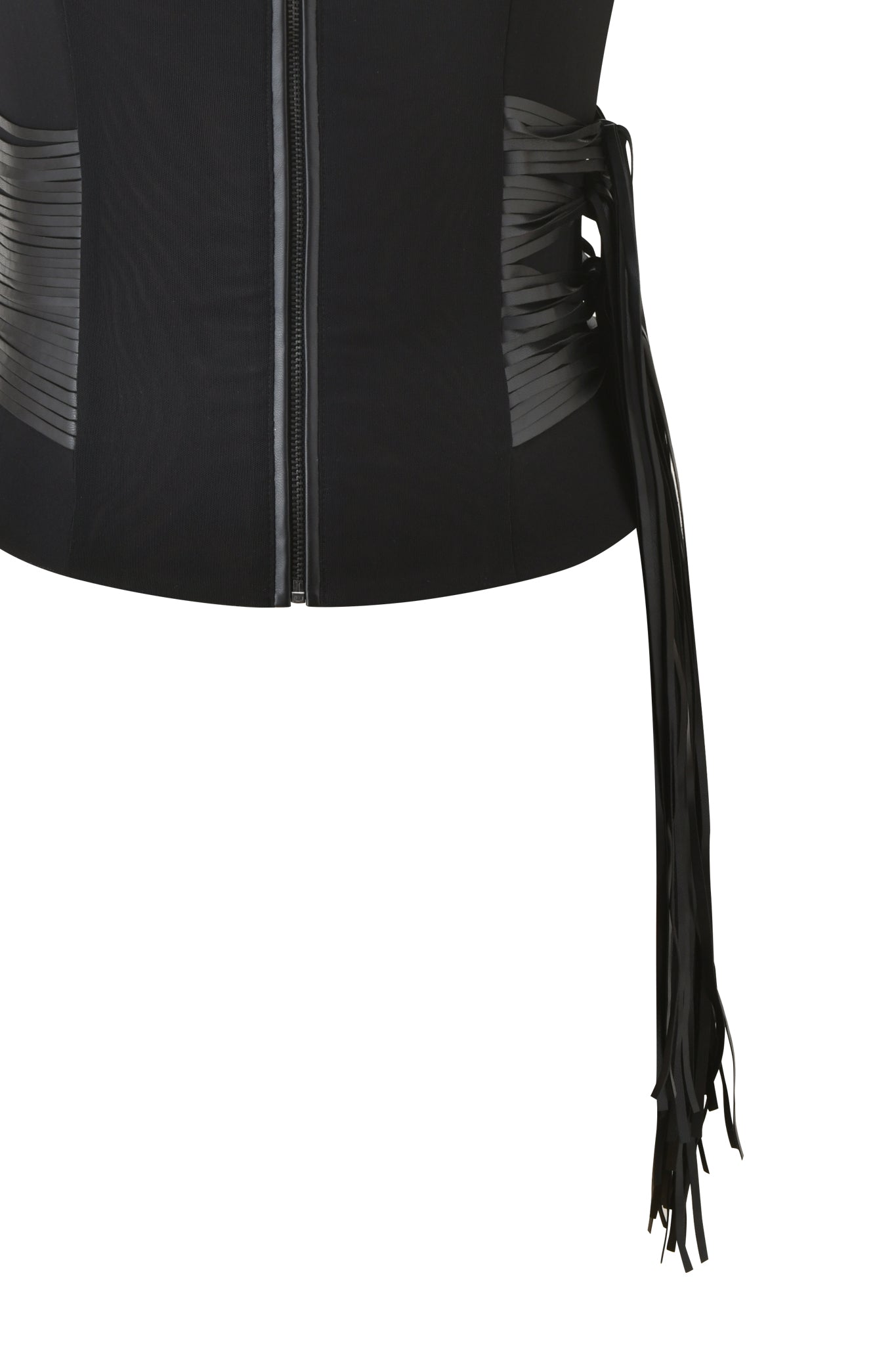 Close-up of the I.AM.GIA ISELDA FRINGE TOP in black, featuring a front zipper, ruched side panel, and long faux leather fringe detail.