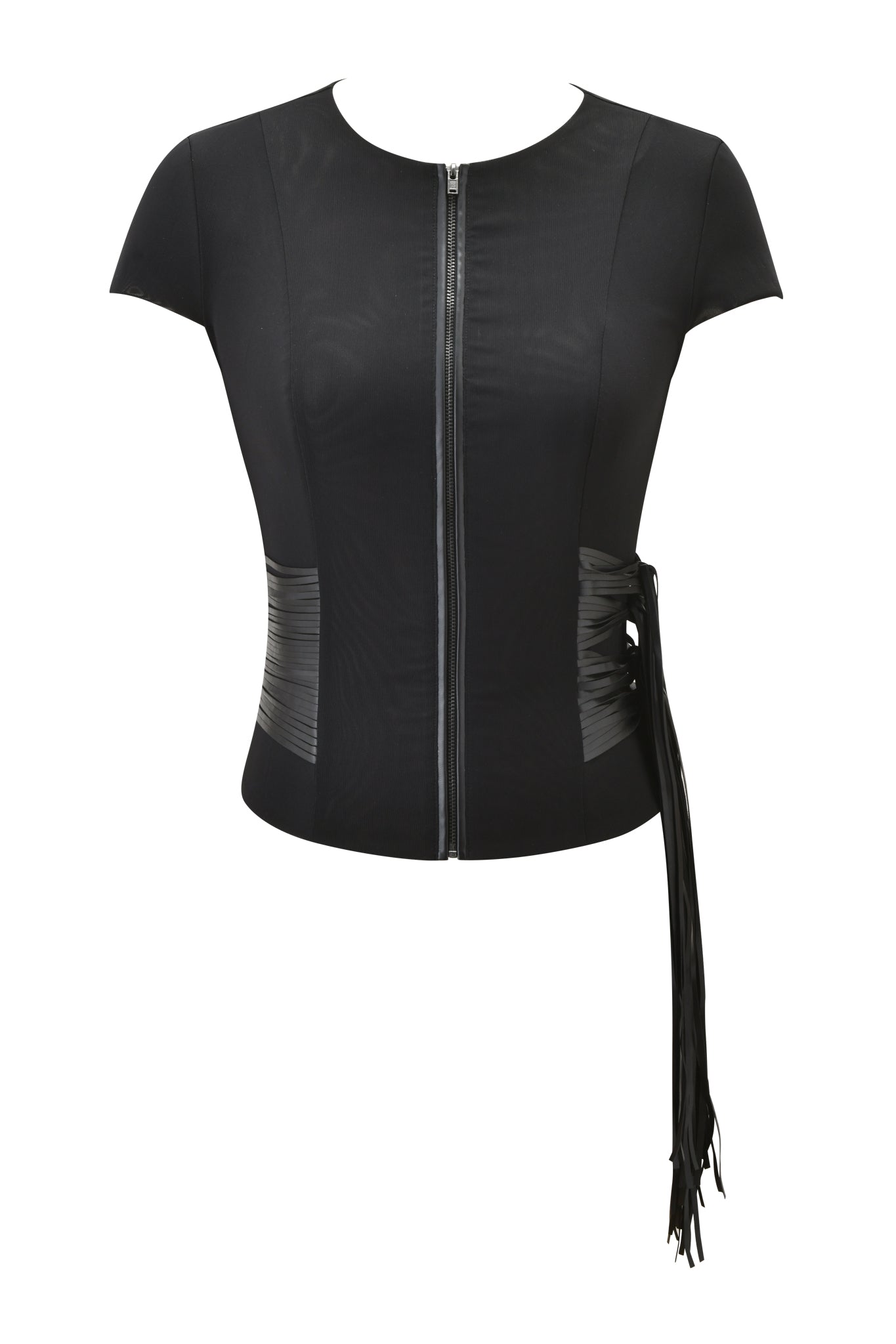 The ISELDA FRINGE TOP - BLACK by I.AM.GIA is a fitted black short-sleeve top featuring a front zipper, ribbed side panels, and a decorative black tie detail on the right, adding modern edge to your style.