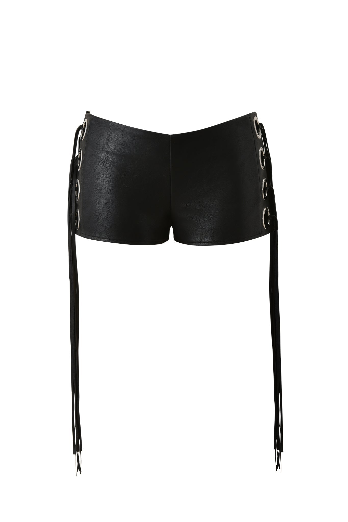 The NURI FRINGE SHORT - BLACK by I.AM.GIA are mid-rise faux-leather mini shorts with lace-up sides featuring large metal eyelets and long black ties, shown on a white background.