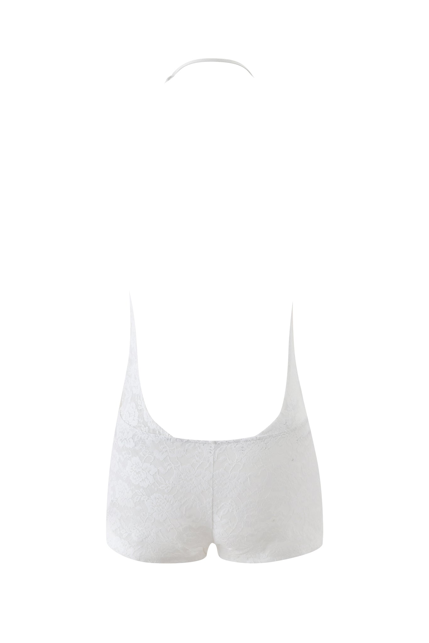 Back view of the I.AM.GIA PHERN PLAYSUIT in white, featuring floral lace, a low-cut back, and deep plunge halter neck strap, displayed on a plain white background.