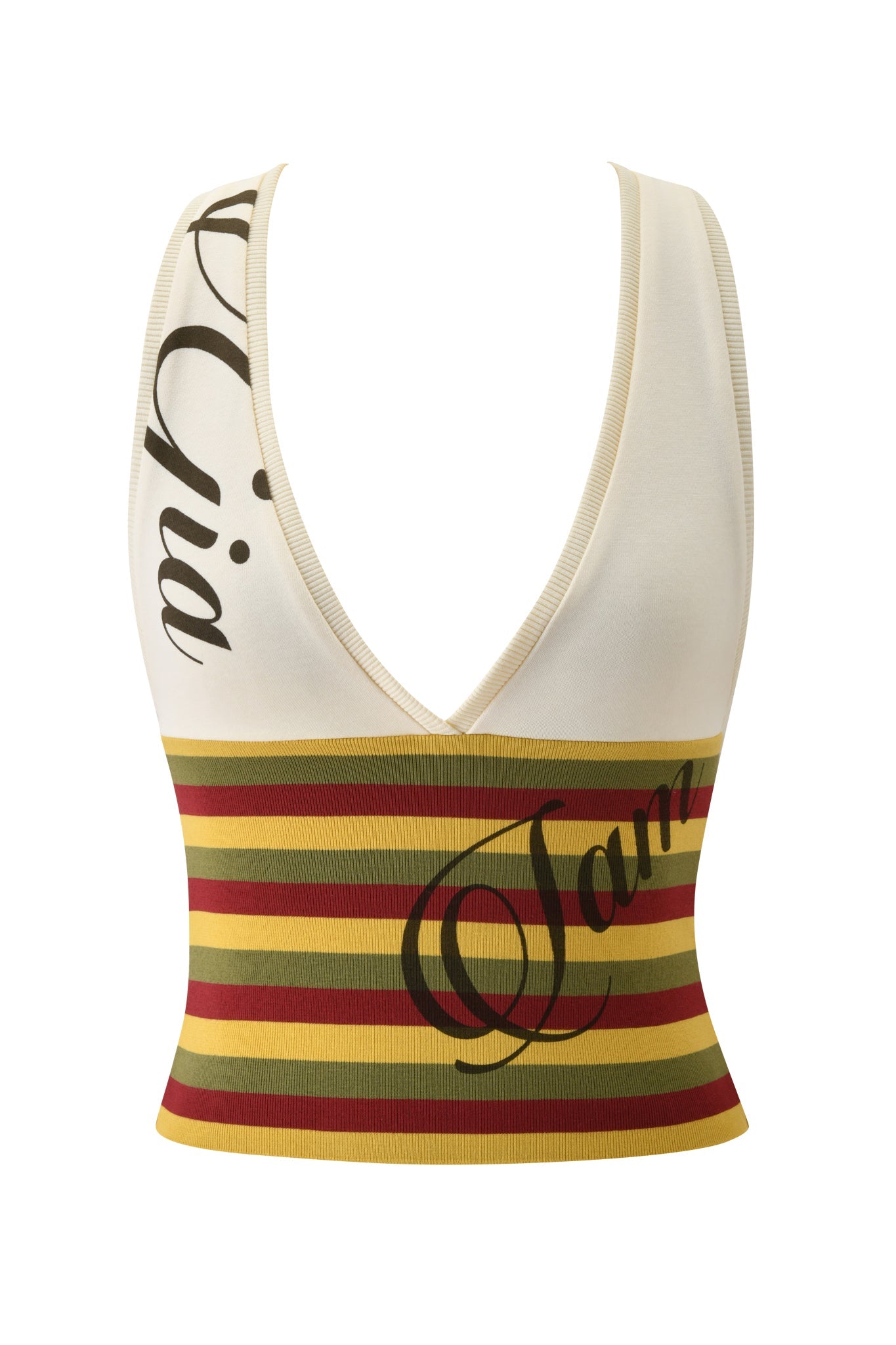 The CANDI TOP - CREAM by I.AM.GIA is a sleeveless, V-neck racer back with cream straps, bodycon fit, and mustard yellow, red, and olive green striped ribbing. Black cursive text runs diagonally across the top and bust.