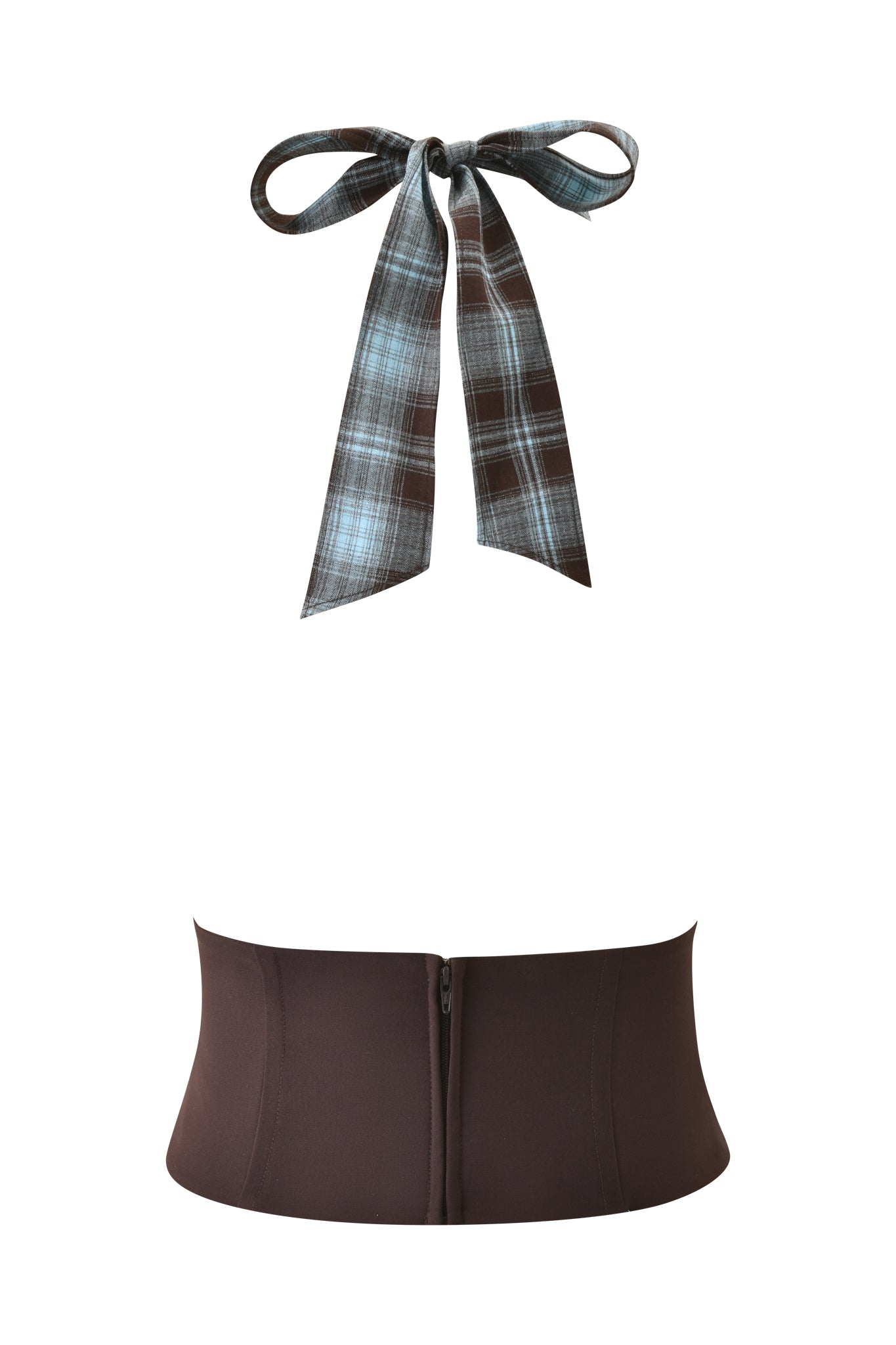 The I.AM.GIA ROUX COWL CORSET - BLUE PLAID is a cropped flannel halter top with a cowl neck, brown and blue plaid bow, solid brown corset waist with back zipper, shown against a white background.