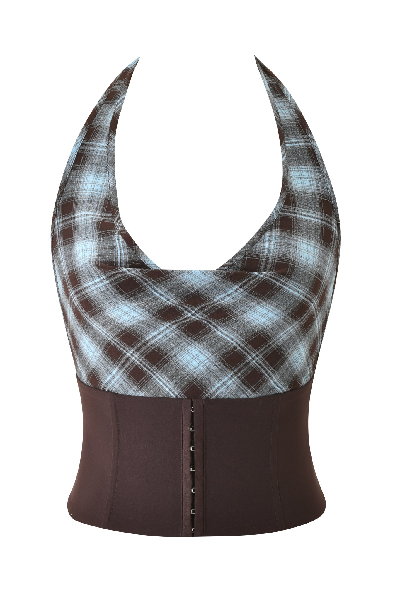 The I.AM.GIA ROUX COWL CORSET - BLUE PLAID is a sleeveless halter top with a blue and brown plaid cowl neck upper, solid brown fitted lower section, and front hook-and-eye closures.