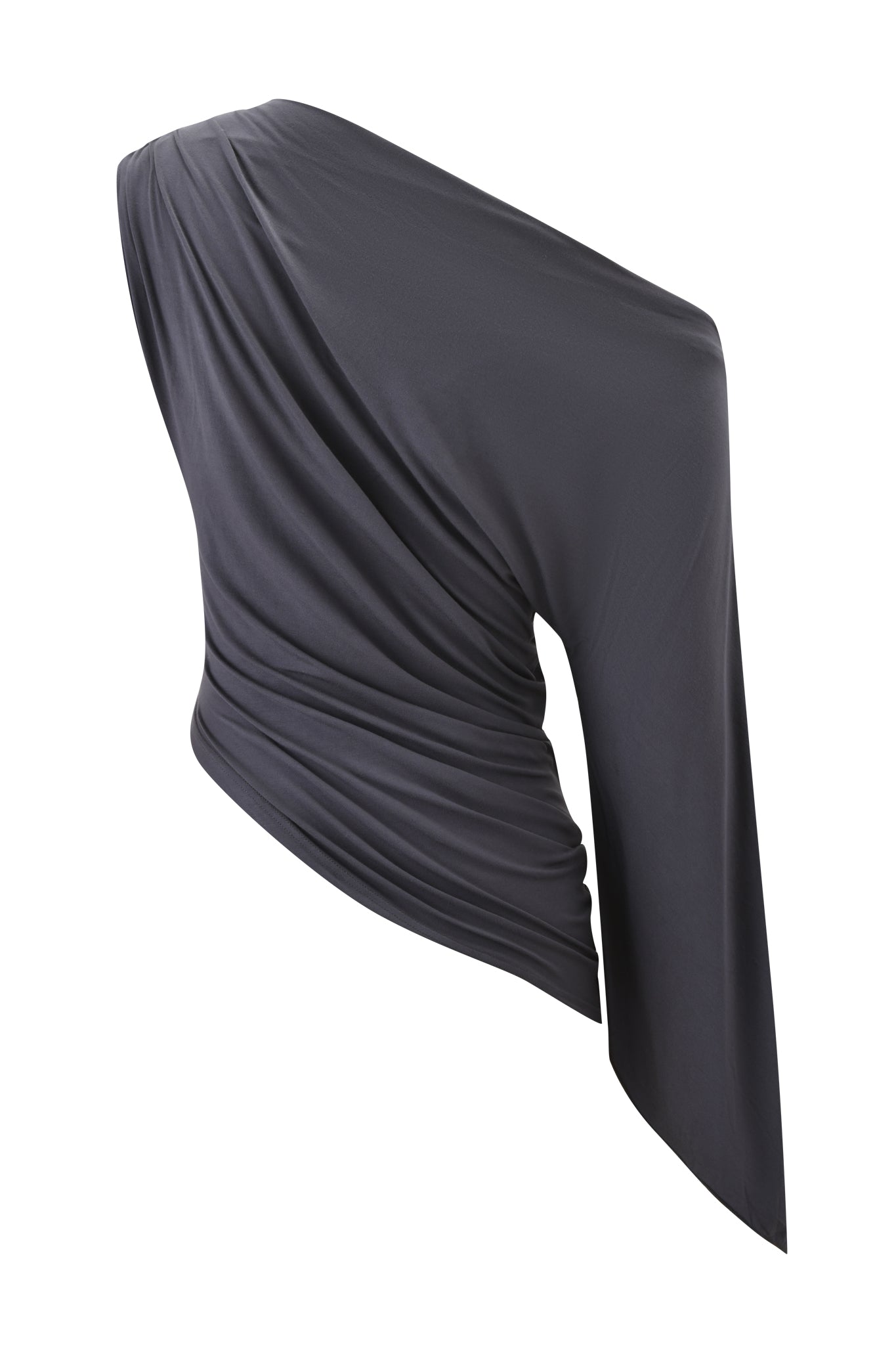 The VIOLETTE ASYMMETRICAL TOP - GREY by I.AM.GIA is a stylish dark gray off-shoulder piece featuring an asymmetrical neckline, draped fabric, and a single long sleeve on the right, shown on a white background.