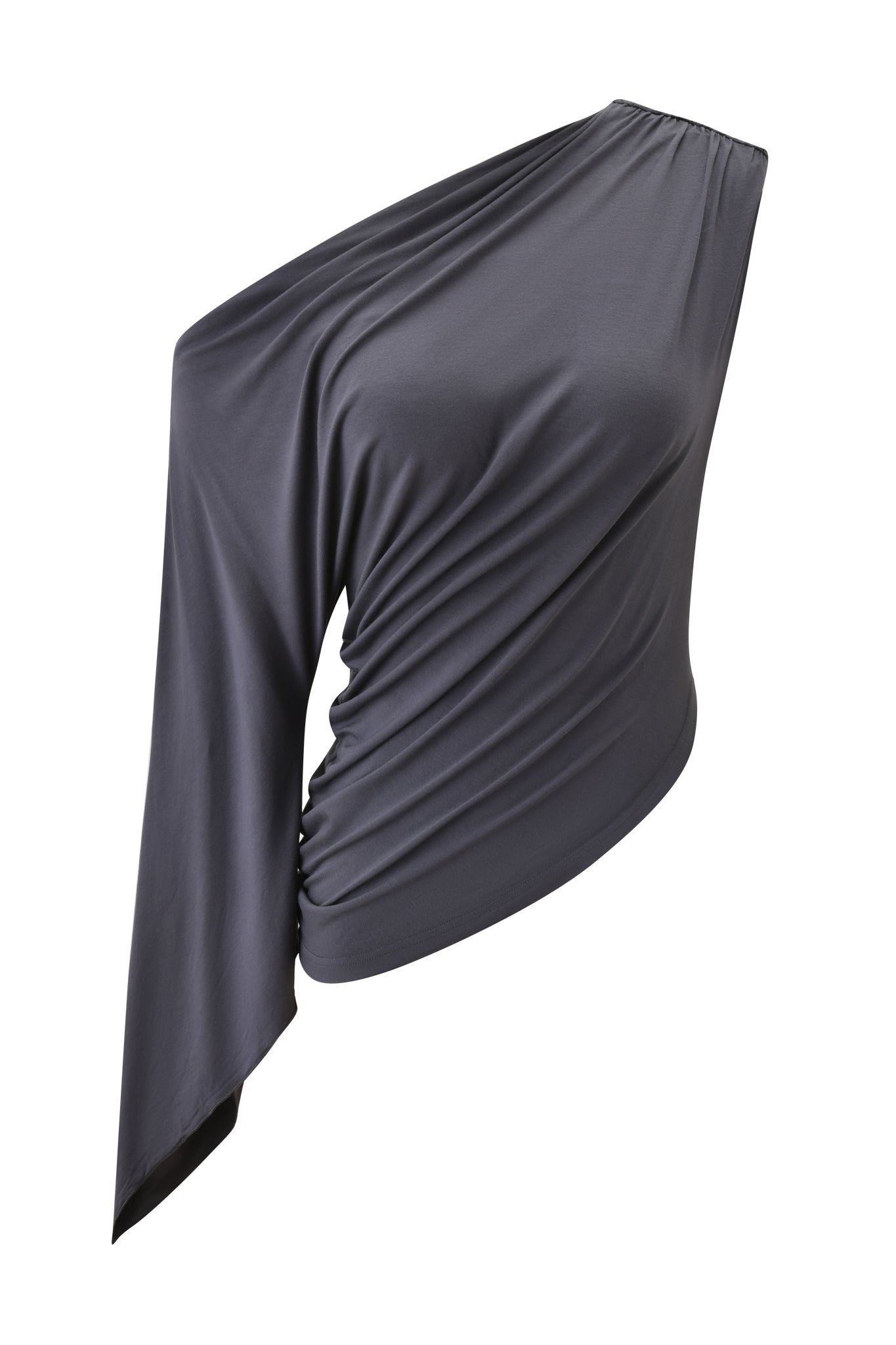 The VIOLETTE ASYMMETRICAL TOP - GREY by I.AM.GIA is a stylish, dark gray off-shoulder top with an asymmetrical neckline, a single long bell sleeve, and elegantly draped fabric gathered at the side.