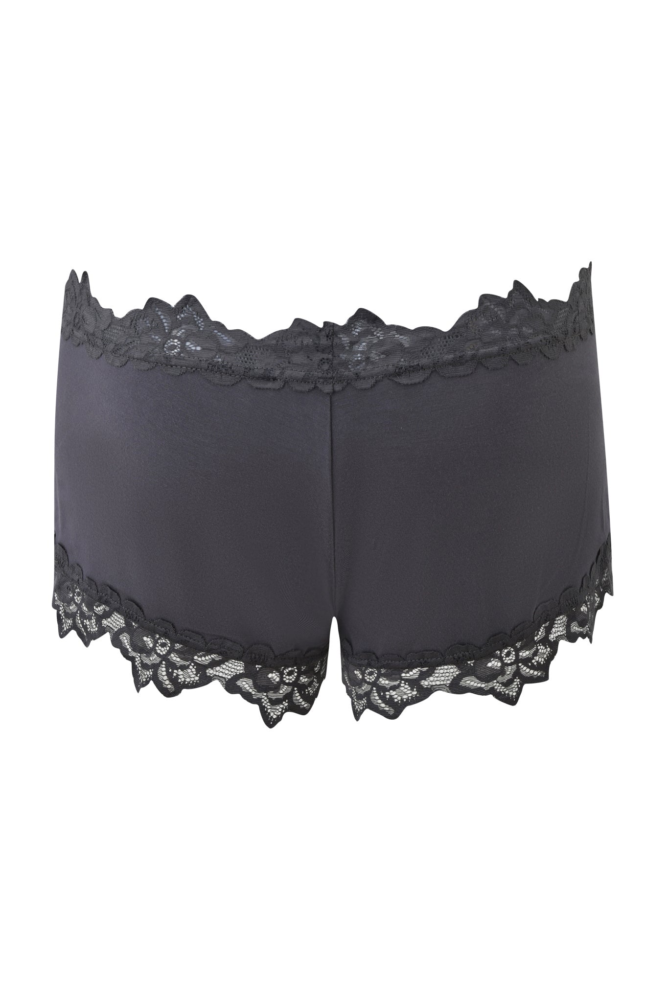 The VIOLETTE SHORT - GREY by I.AM.GIA features a satin-like fabric, low rise fit, and scalloped black lace trim at the waistband and leg openings, shown against a white background.