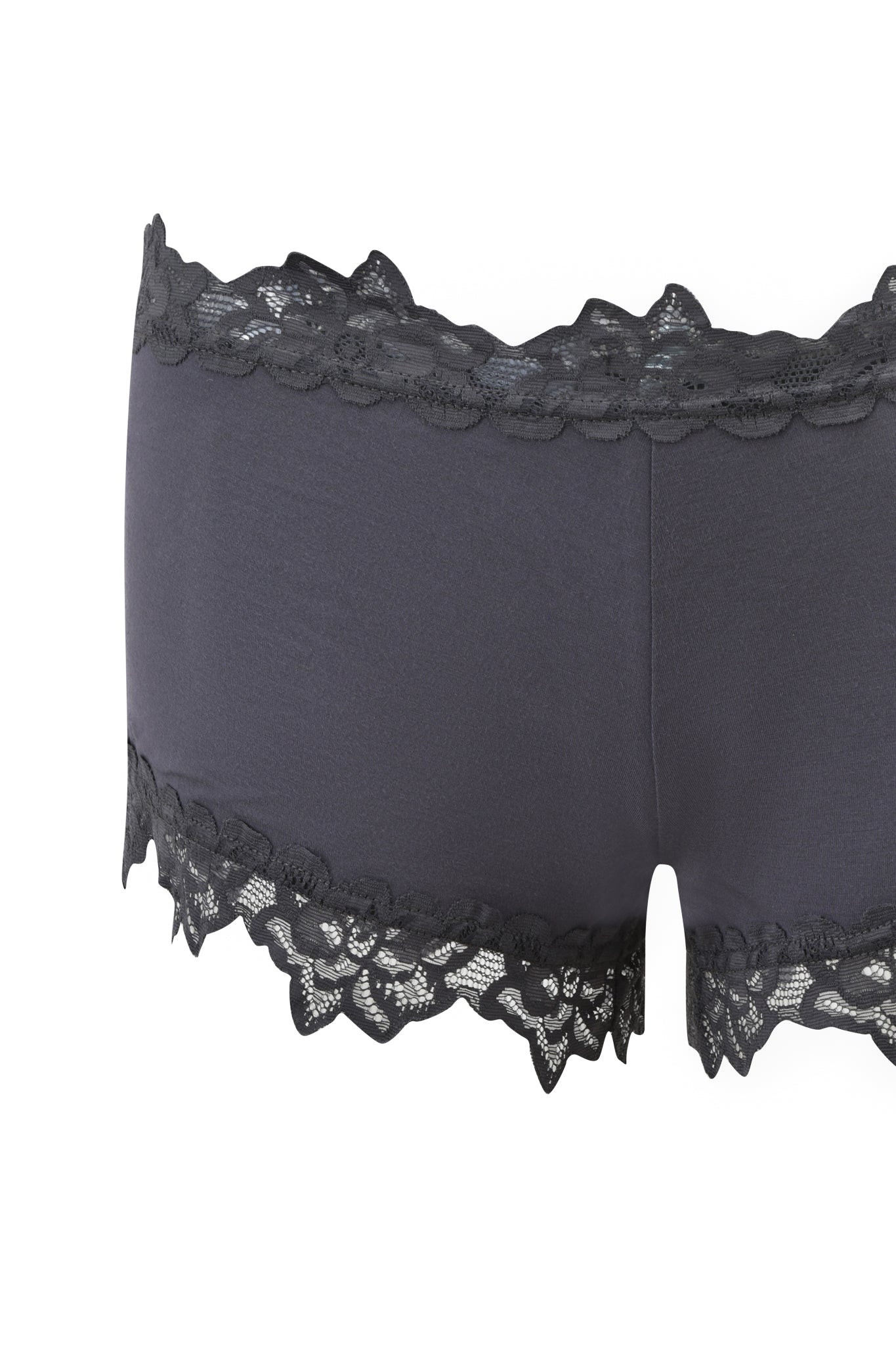 The VIOLETTE SHORT - GREY by I.AM.GIA is a dark gray women's boyshort featuring delicate lace detailing with scalloped edges at the waistband and leg openings, shown against a white background.