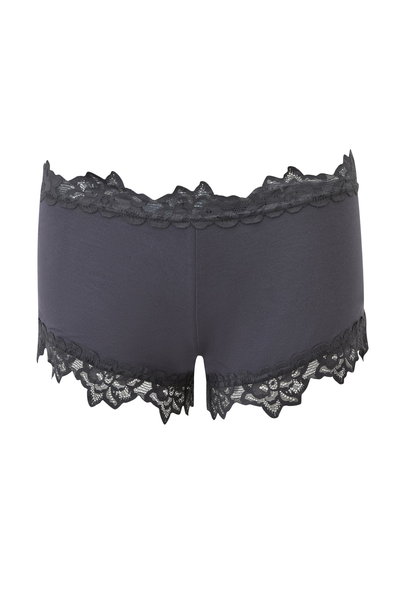 The VIOLETTE SHORT - GREY by I.AM.GIA is a pair of dark gray, low-rise boyshorts with delicate lace trim on the waistband and leg openings.