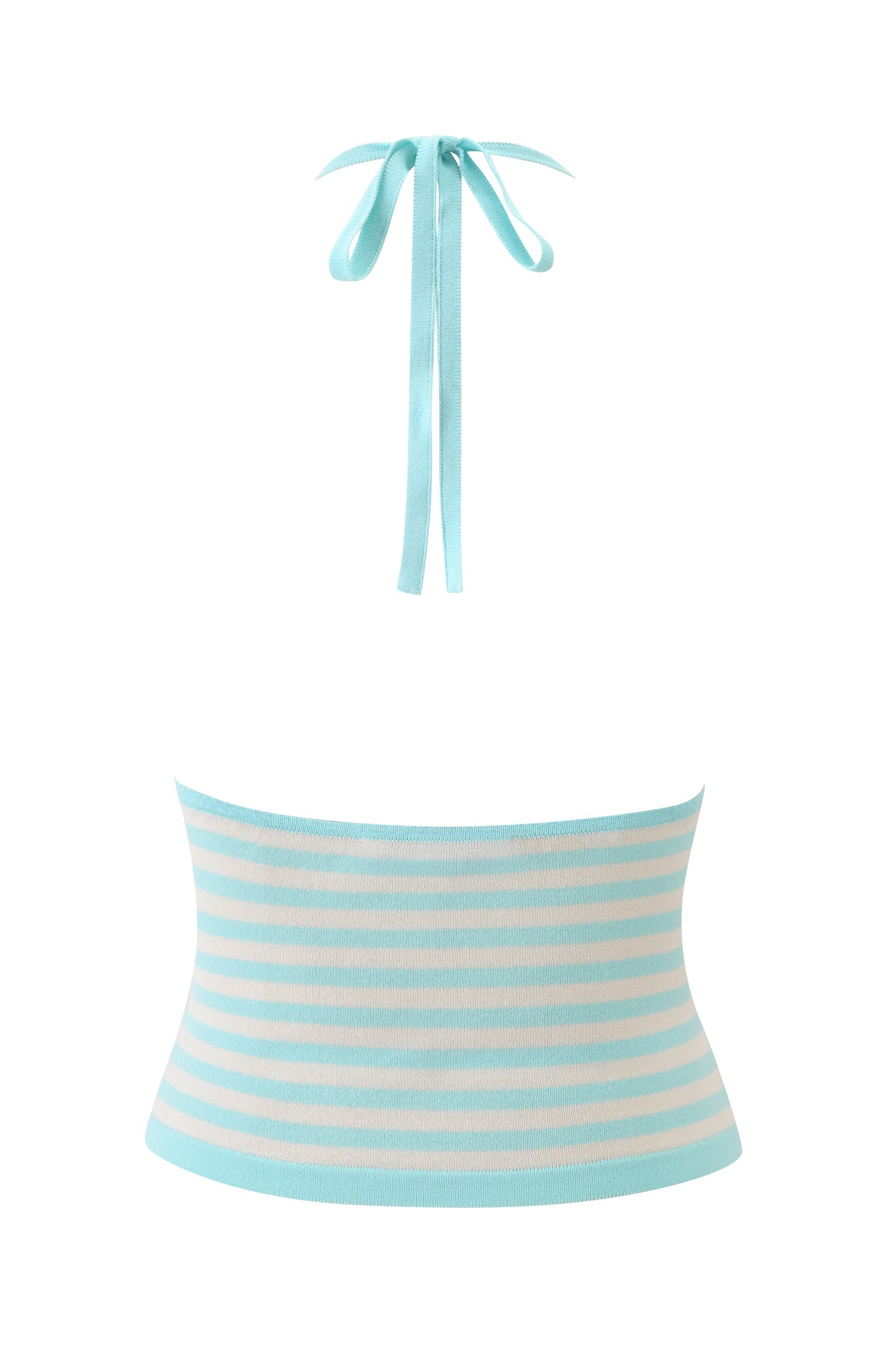 The I.AM.GIA ZINNIA HALTER TOP in blue and ivory features stripes, a bodycon fit, and a neck tie, shown on a white background.