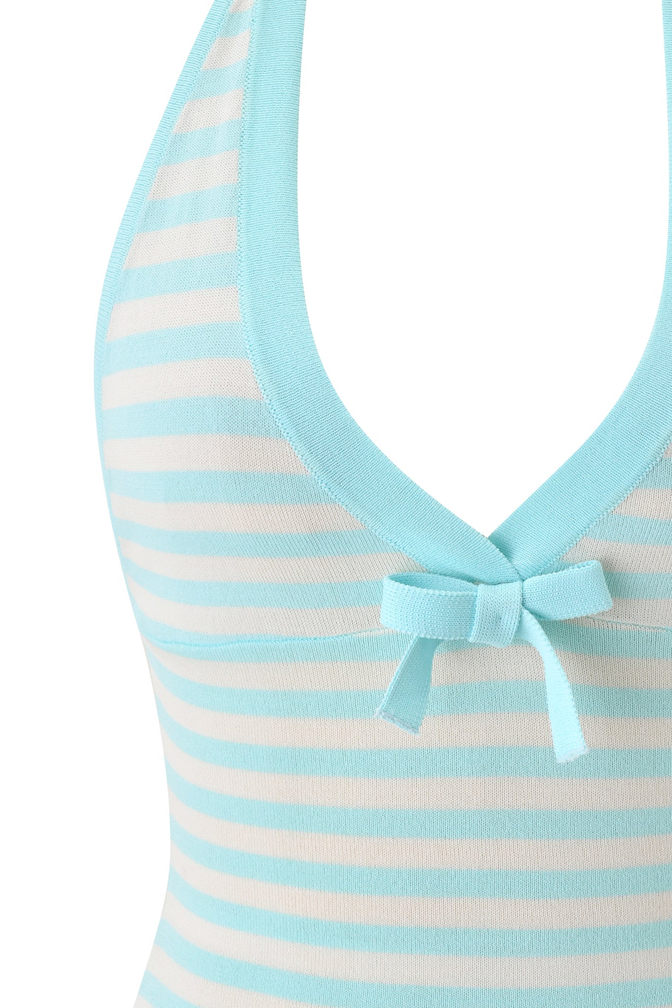 Close-up of the I.AM.GIA ZINNIA HALTER TOP in blue and ivory, featuring a V-neckline with solid blue trim, a small center bow, and a flattering bodycon fit.