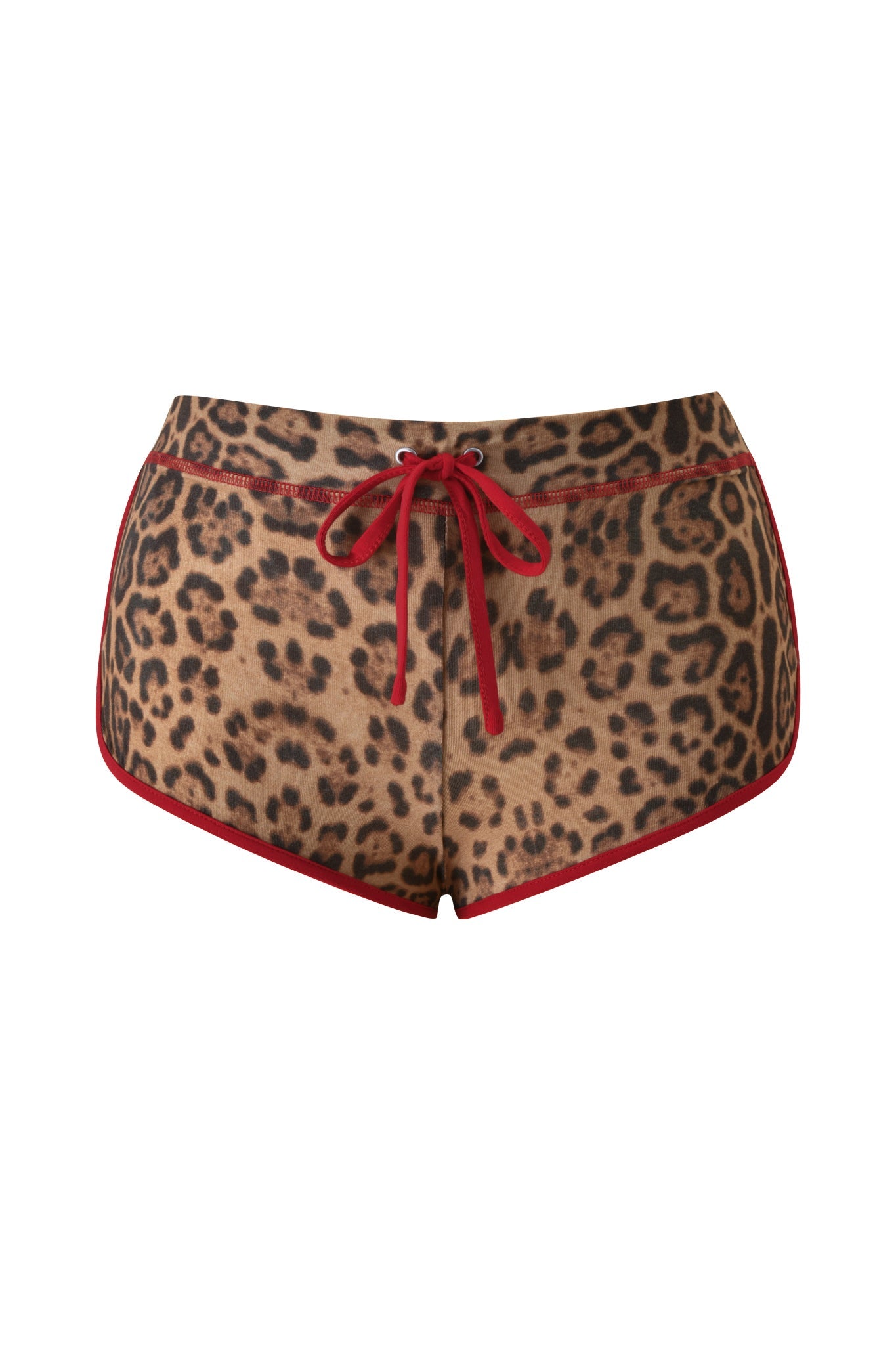 Experience ultimate comfort in the BLARE DOLPHIN SHORT - PANTHERA by I.AM.GIA, featuring a Panthera print with bold red trim and a matching red drawstring at the waist. Crafted from soft bamboo fabrication, these mini dolphin shorts are perfect for summer adventures and are showcased here against a white background.