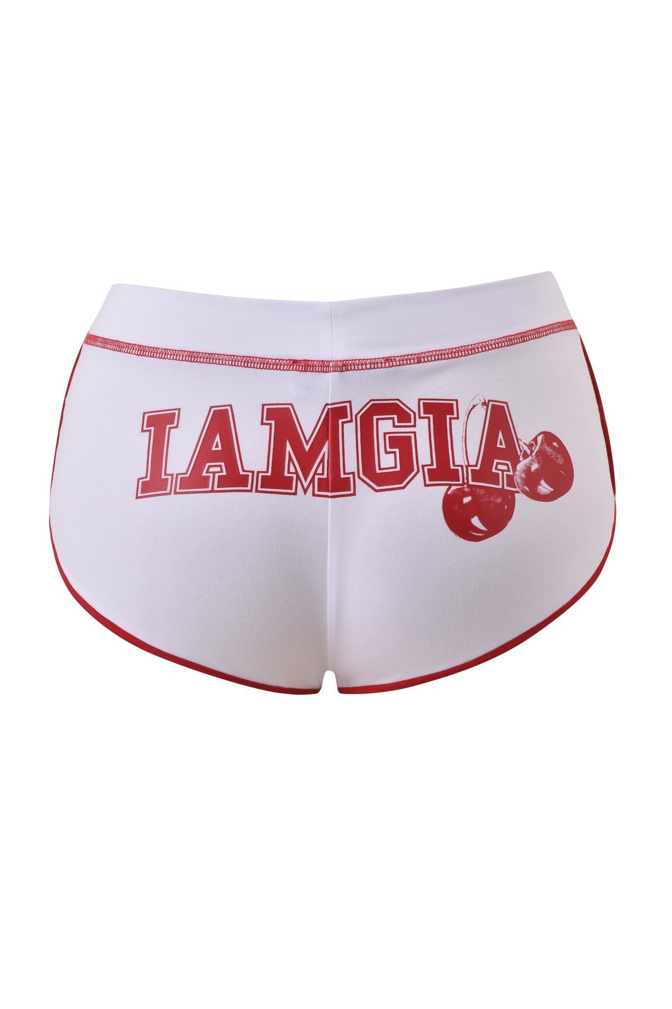 The BLARE DOLPHIN SHORT - WHITE by I.AM.GIA features a sporty mini length, white fabric with red trim, bold red "I.AM.GIA" lettering on the back, and two red cherries graphic.