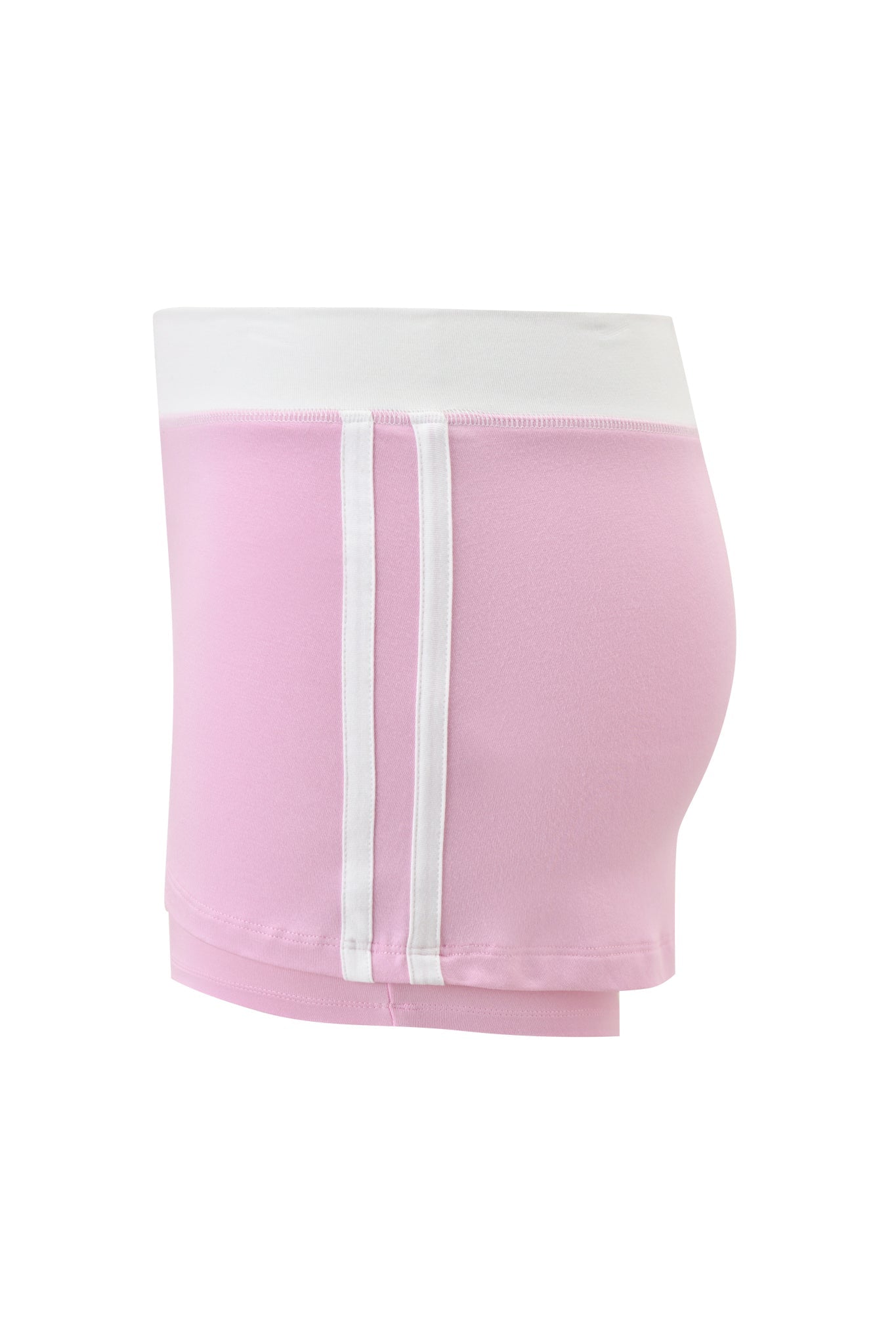 The I.AM.GIA BLARE PIPING MICRO SKORT in baby pink and white features a sporty bodycon design with a wide white waistband and two vertical white side stripes.