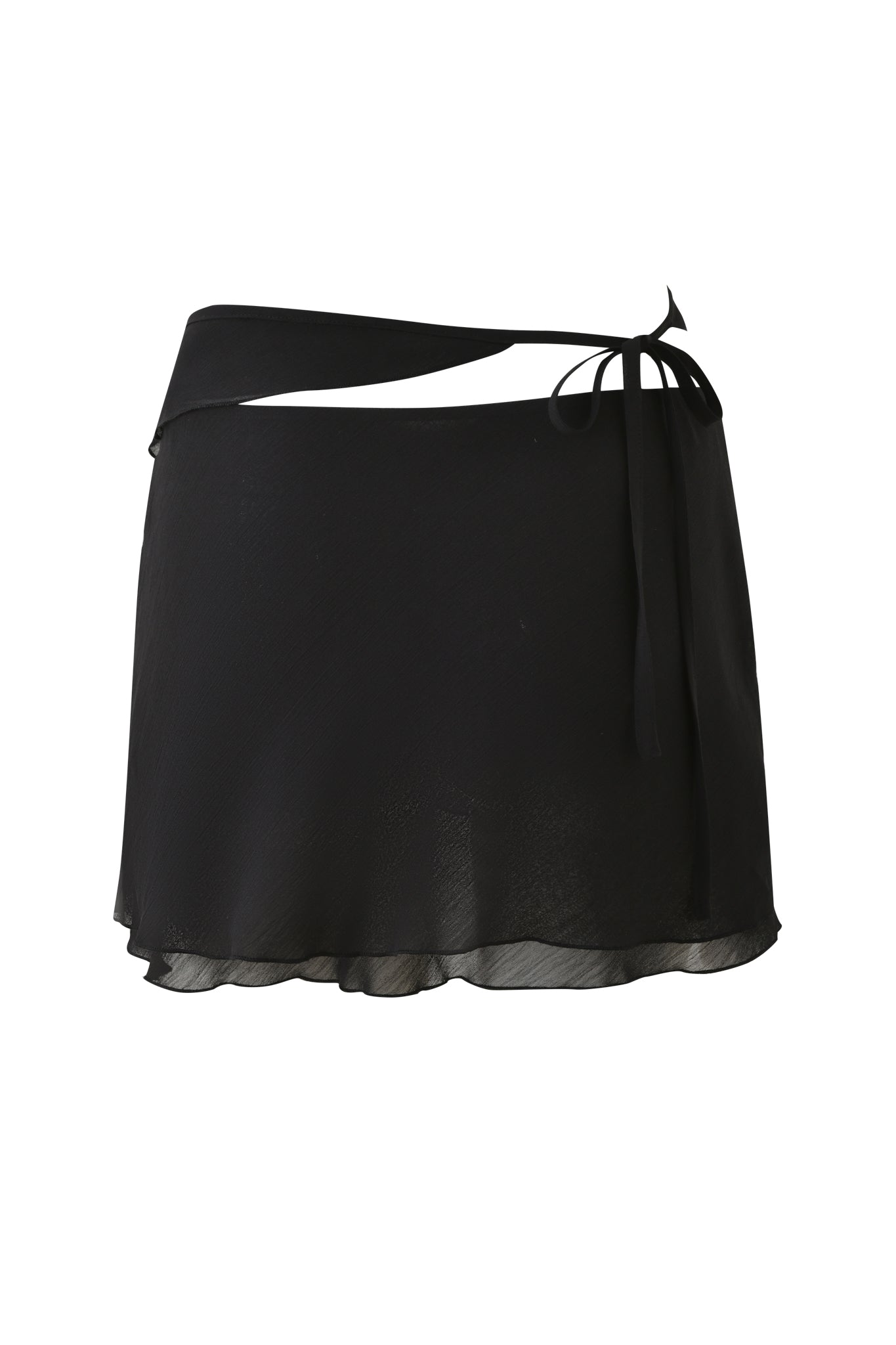 The PORTIA RUFFLE MINI SKIRT - BLACK by I.AM.GIA is a short black georgette wrap mini skirt with a sheer finish, asymmetrical hem, and long waist ties, shown on a plain white background.