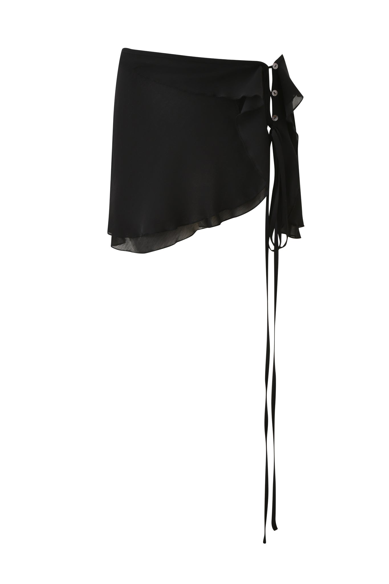 The PORTIA RUFFLE MINI SKIRT - BLACK by I.AM.GIA is a black mini skirt with an asymmetrical side flap, three buttons, and long ribbon ties on the right side.