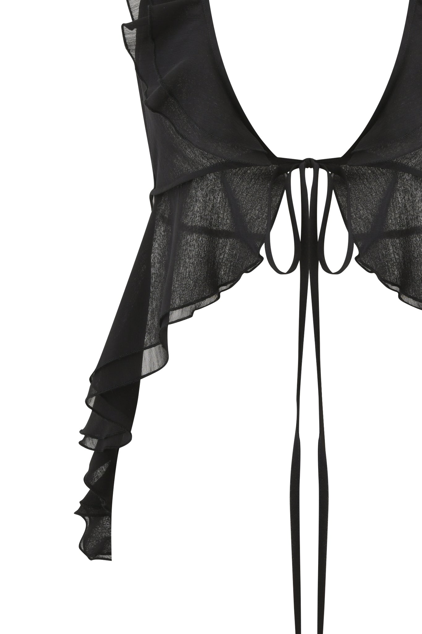 The I.AM.GIA PORTIA RUFFLE HALTER TOP - BLACK is a sheer, black cropped Georgette top with ruffled sleeves, an open front, and long thin tie closures at the front.