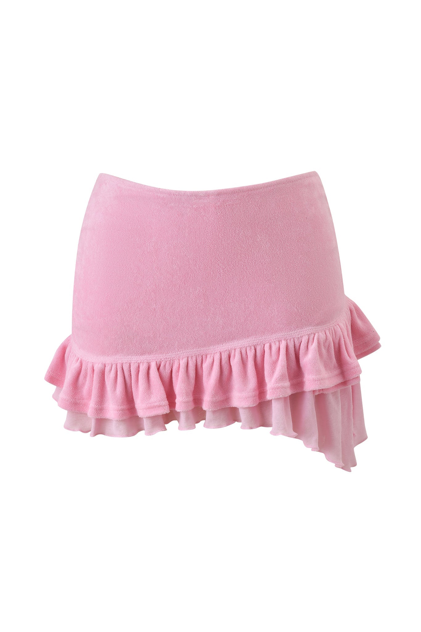 The I.AM.GIA BRIELLE TERRY MINI SKIRT - PINK is a soft, velvety terry mini skirt featuring a ruffled hem and an asymmetrical design with a longer section on the right side for added style.
