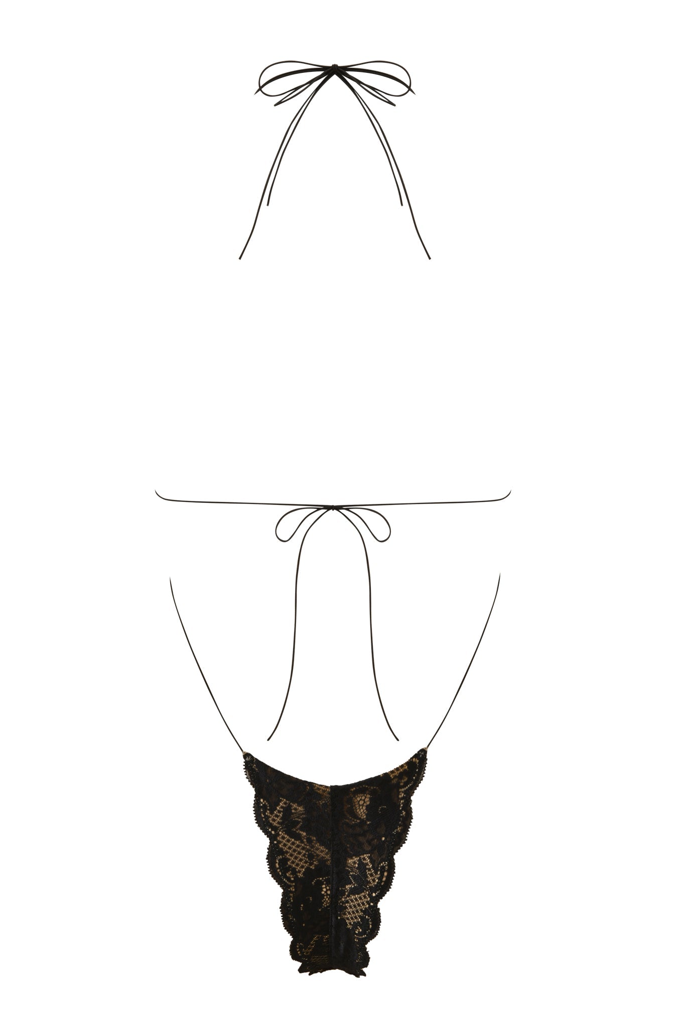 The AMBER LACE BODYSUIT - BLACK by I.AM.GIA is a black lace one-piece with thin halter neck and back ties, a deep V-cut, and scalloped lace trim, shown against a white background.