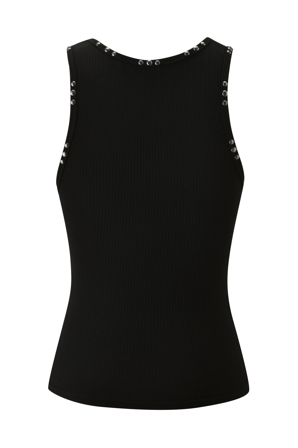 The T-REX INA TANK - BLACK by I.AM.GIA is shown from the back, with metal stud details along the neckline and armholes for an edgy racer-style look.
