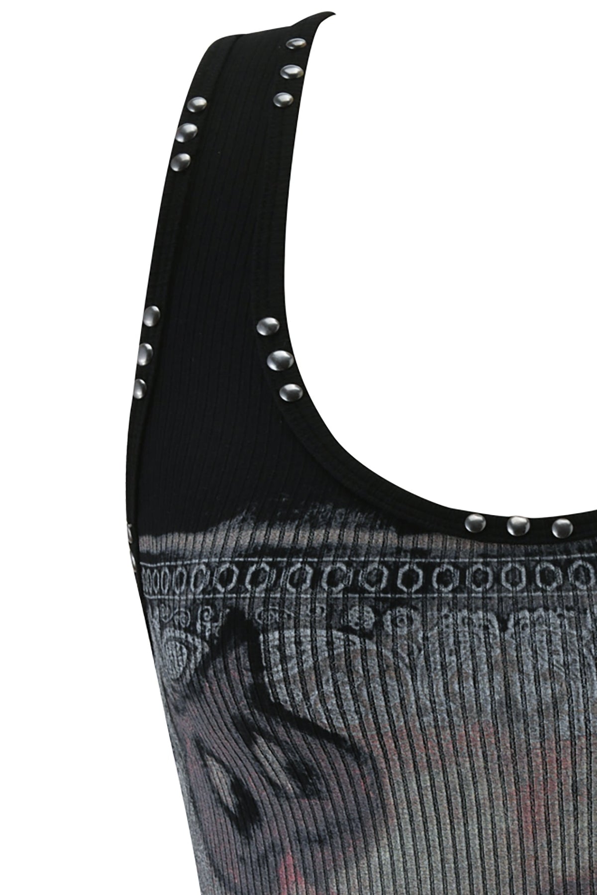 Close-up of the T-REX INA TANK - BLACK by I.AM.GIA: a black ribbed tank top with metallic studs on the neckline and strap, featuring a faded devil artwork in gray and black.