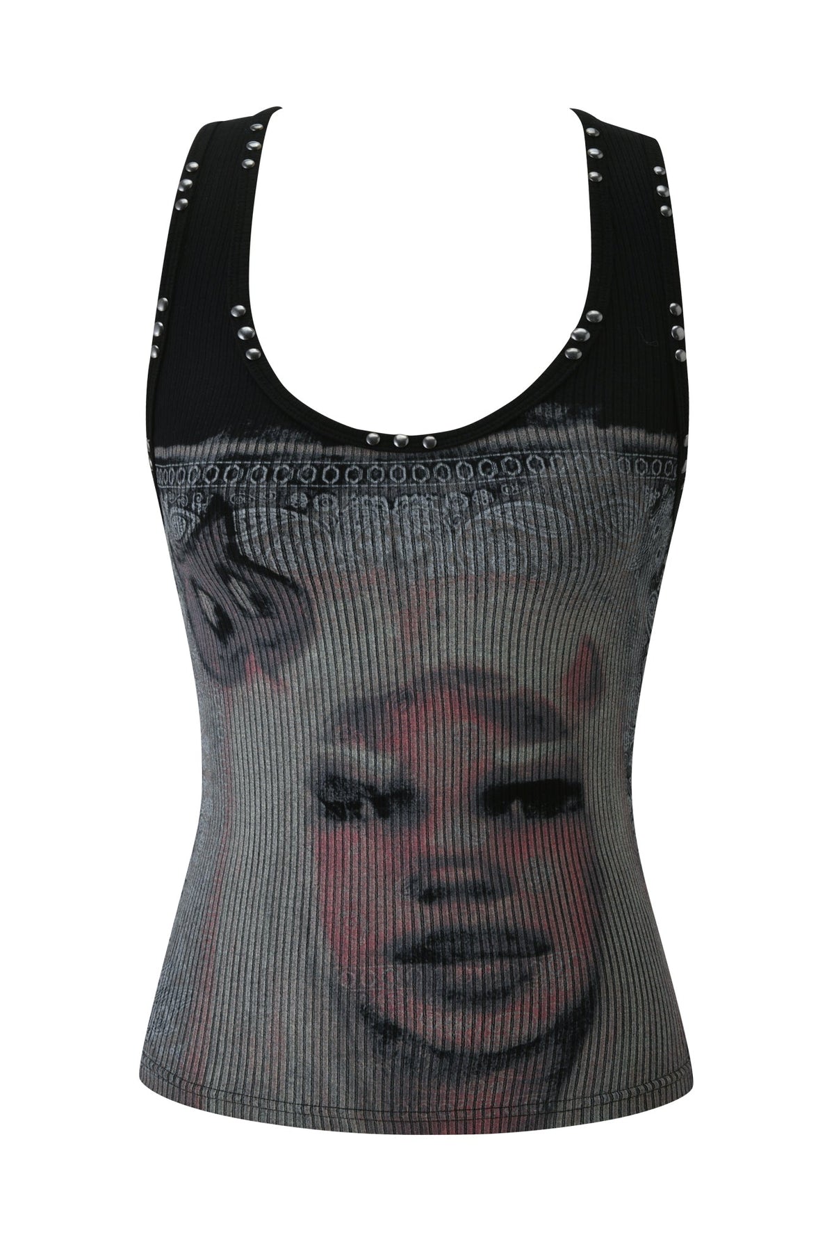 The I.AM.GIA T-REX INA TANK - BLACK is a sleeveless racer tank with ribbed texture, metal eyelet accents at the neckline, and a bold black, white, and pink graphic of a woman’s face on the front.