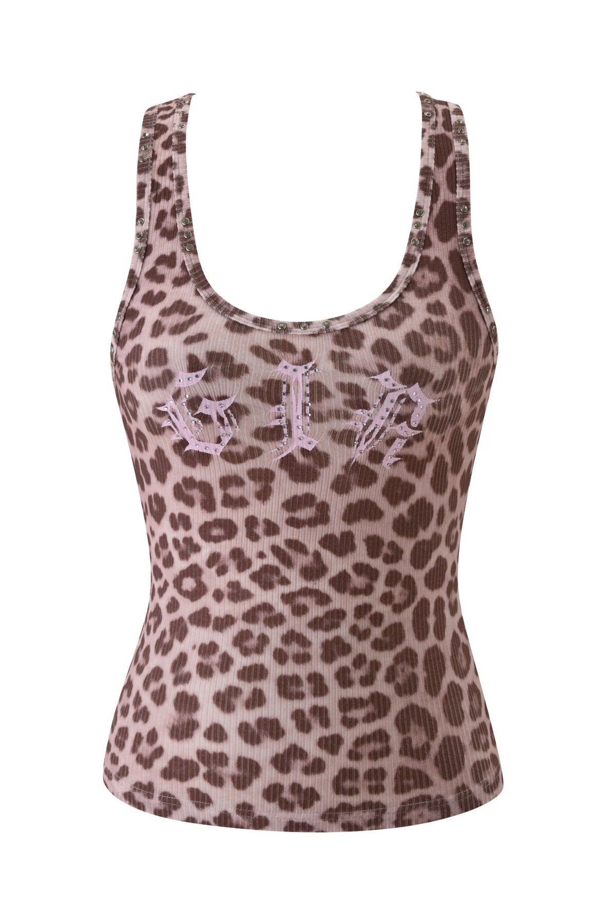 I.AM.GIA INA TANK - MAUVE LEOPARD ribbed racer-style tank top in mauve leopard print with silver studs on the straps and a decorative light pink graphic on the chest.